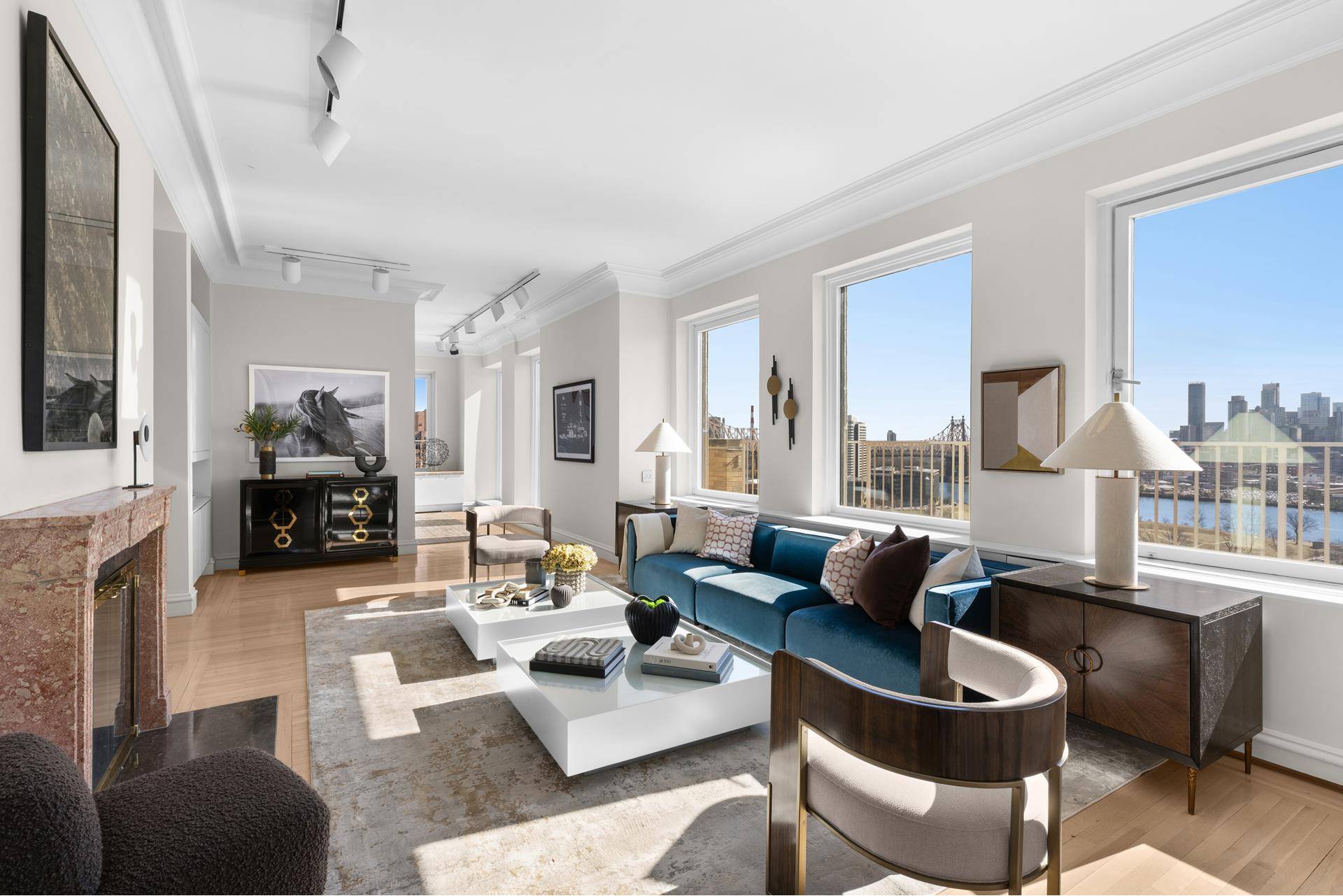PENTHOUSE A RIVER HOUSE GEM Perched high above the East River with open sweeping views to the South, East and North, this magnificent terraced apartment with 10 ceilings and original ...