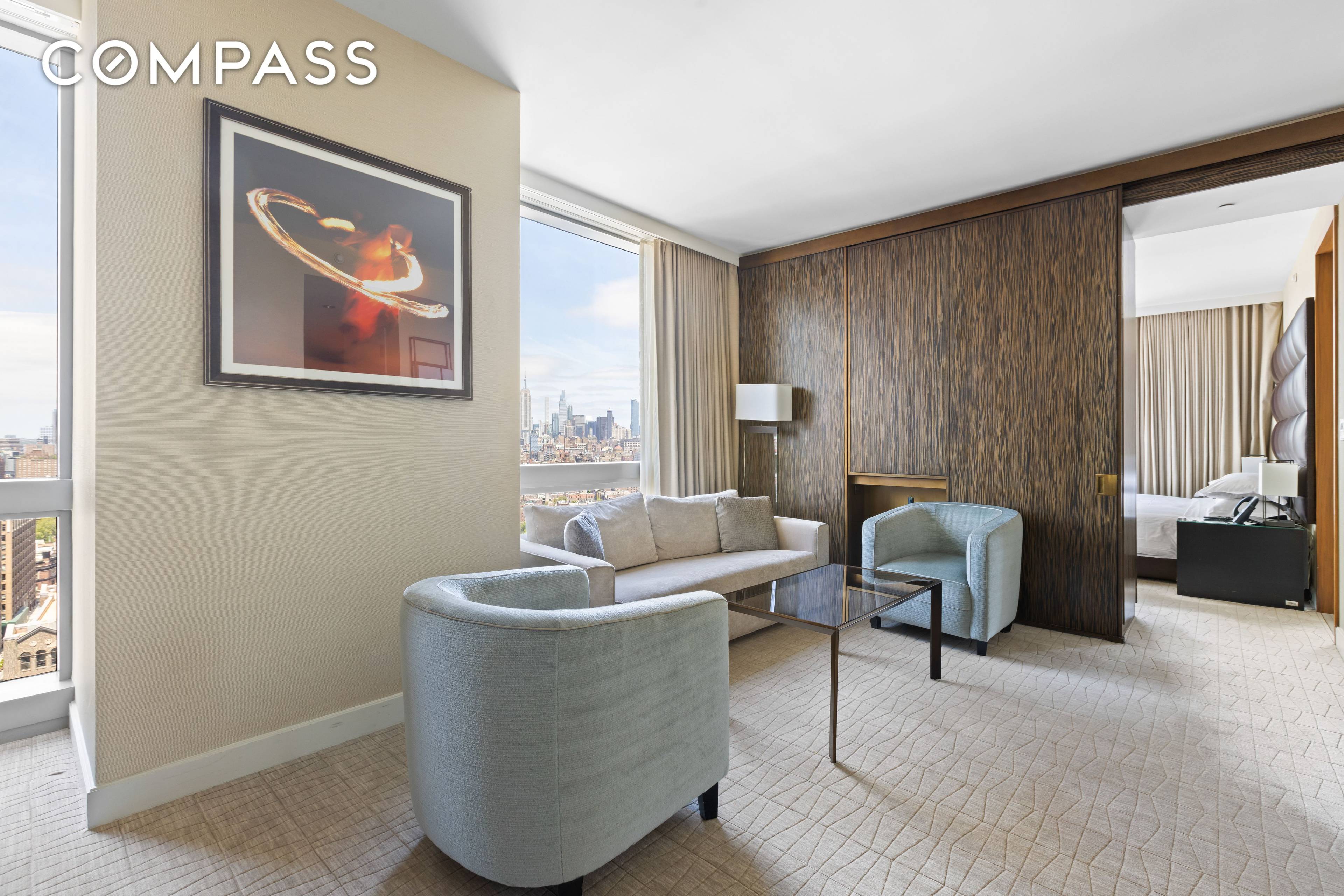 Come luxuriate in this fabulous one bedroom one and a half bathroom apartment, perched on the 30th floor of the most exclusive condo hotel development in downtown Manhattan !