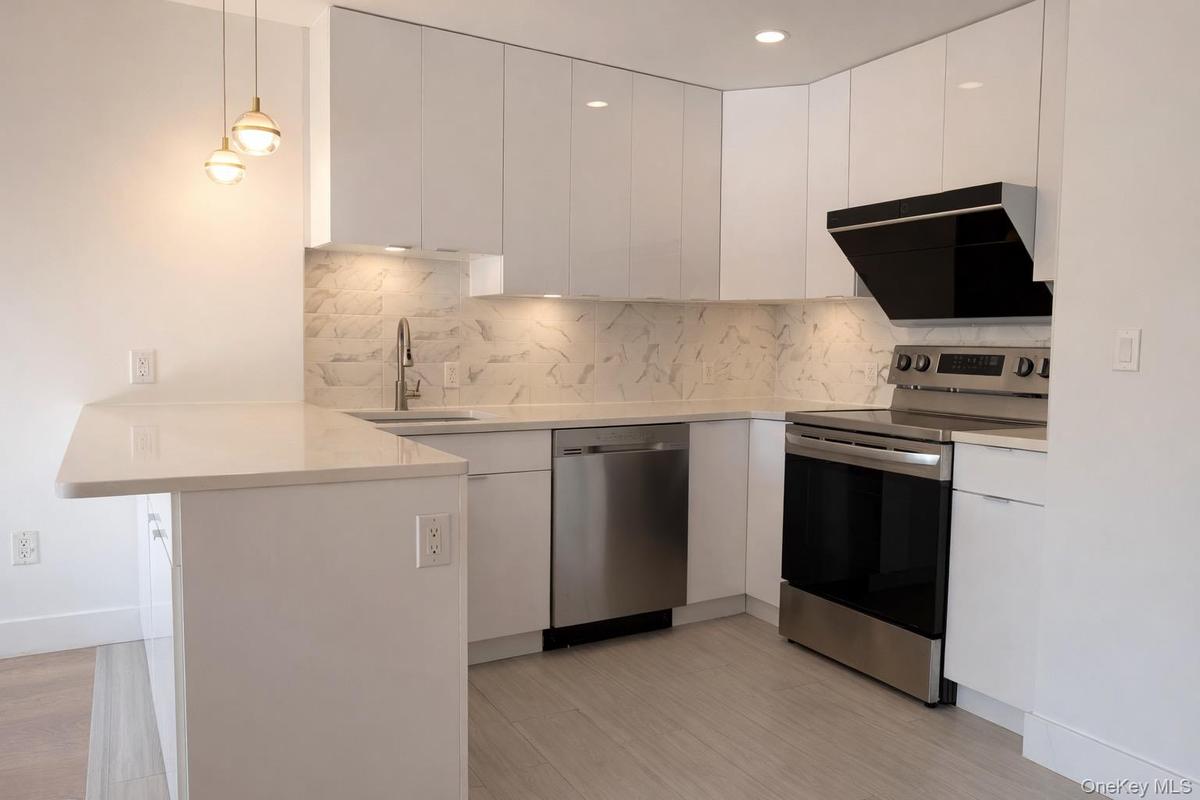 Kitchen with appliances with stainless steel finishes and modern cabinets