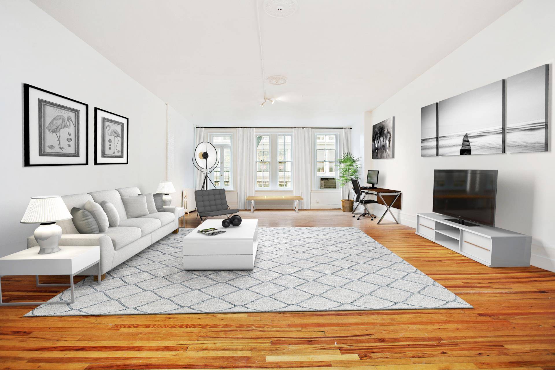 Authentic massive, full floor Loft offering 13 foot ceilings and large windows allowing for excellent natural light through double exposures in the heart of SoHo between Spring and Broome.