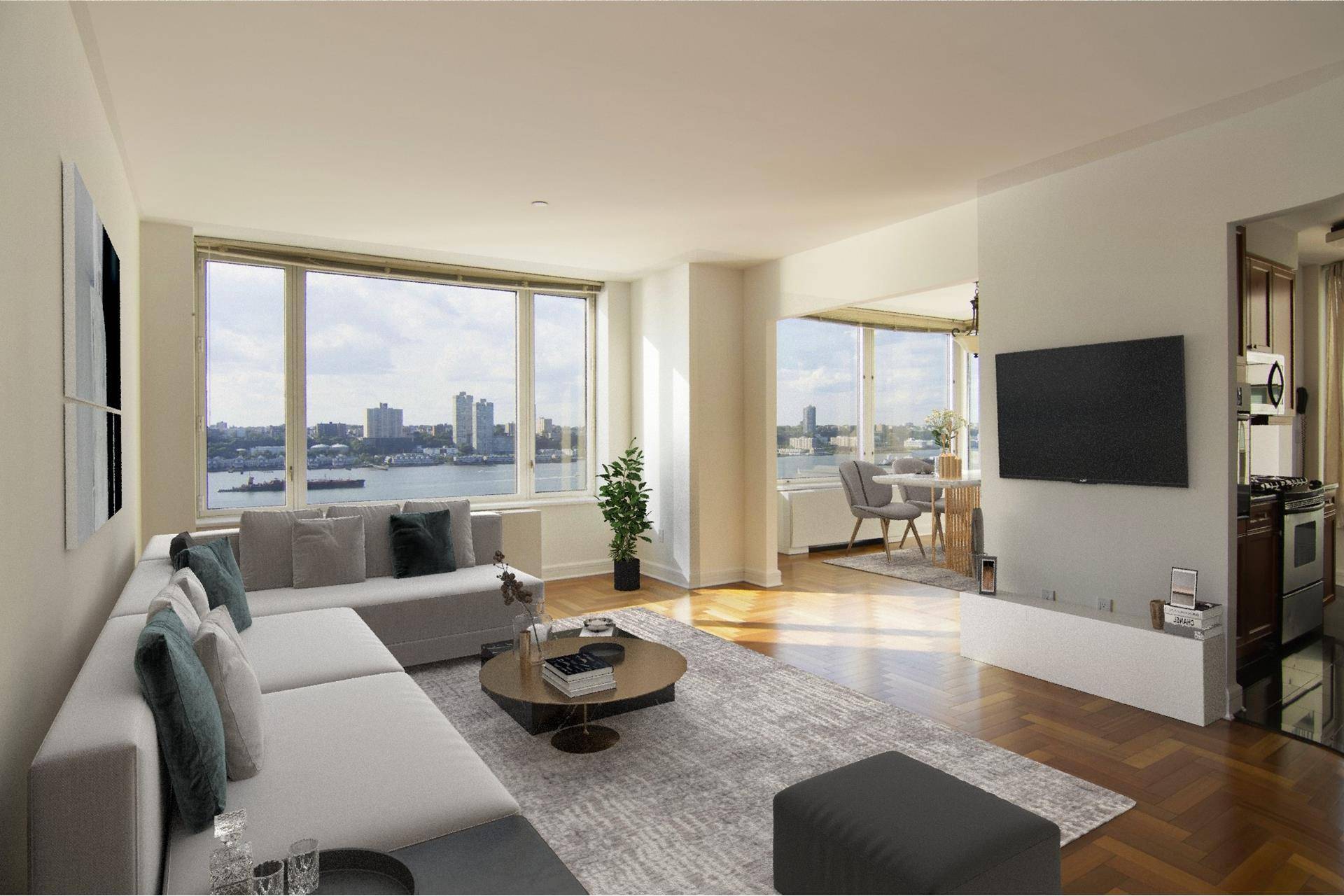 Corner freshly painted and professionally cleaned, magnificent 3 bedroom, 3 bath apartment with stunning Hudson River VIEWS to the West and infinity views to the North.