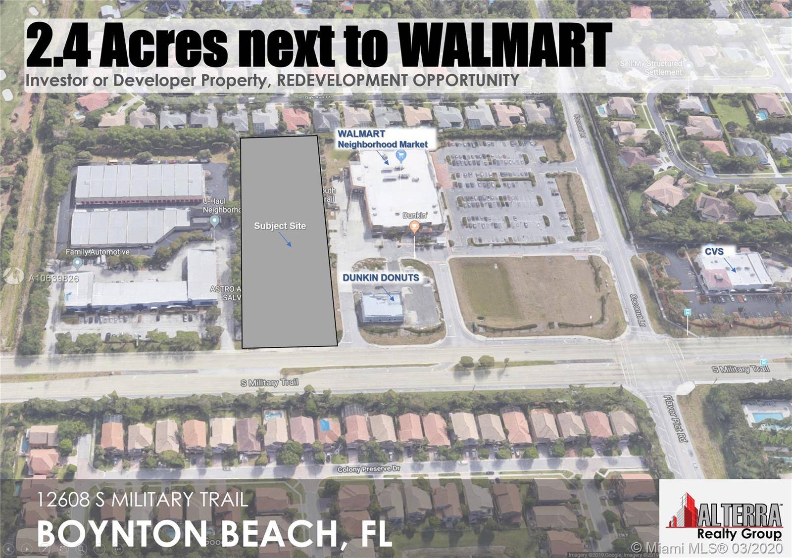 Awesome 2. 4 Acre next to WALMART ; perfectly situated for redevelopment.