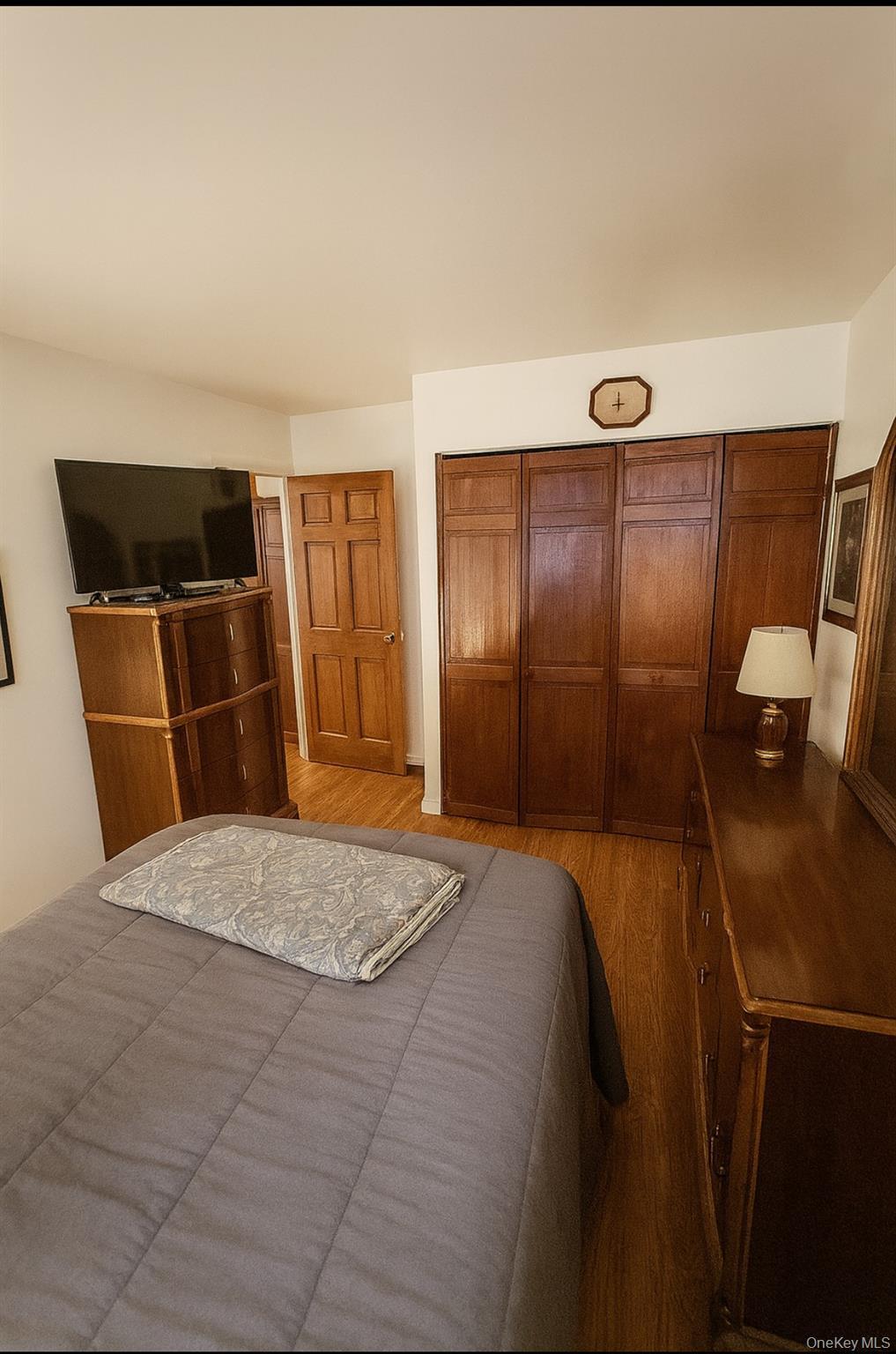 Bedroom featuring wood finished floors and a closet