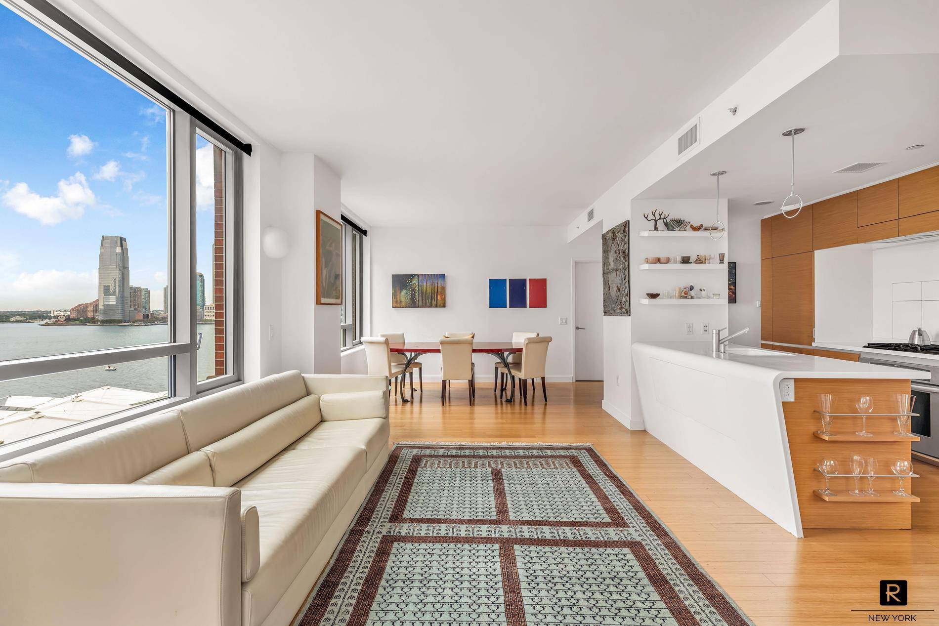 Perfect split two bedroom two bath apartment with Hudson river views in the Riverhouse, the only water front LEED Gold rated Green condominium in North Battery Park West Tribeca.