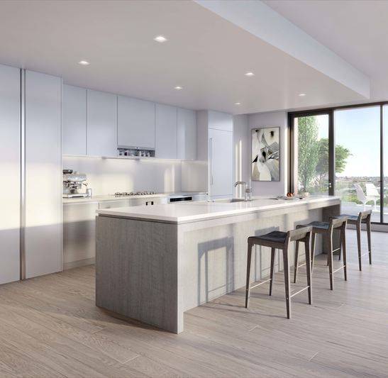 Apartment 3B is a 2 bedroom 2 bath home with a sleek kitchen featuring custom built satin lacquer cabinetry with stainless steel cabinets below blending smartly with top of the ...