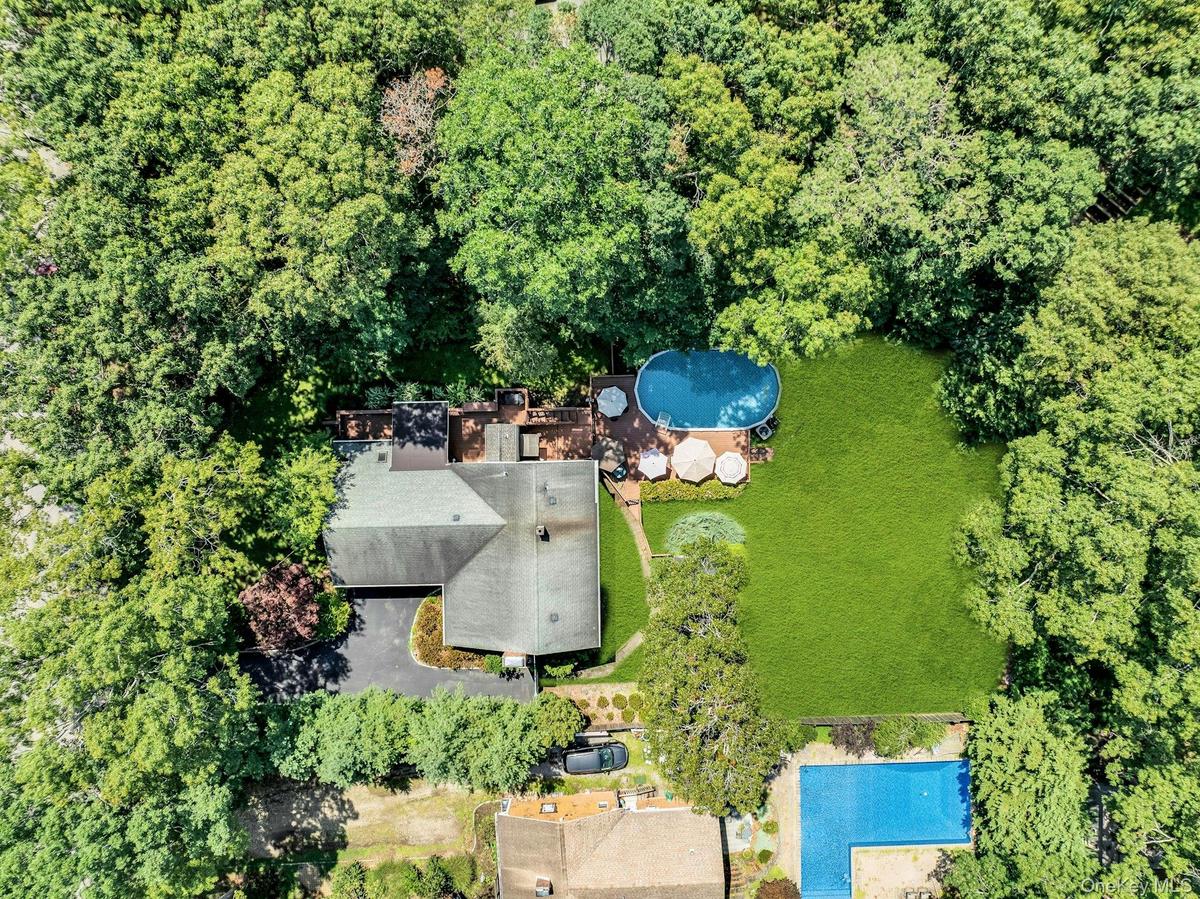 Aerial view of this home's expansive outdoor living space featuring a resort-style pool with surrounding lounge seating, manicured lawn, mature tree-l