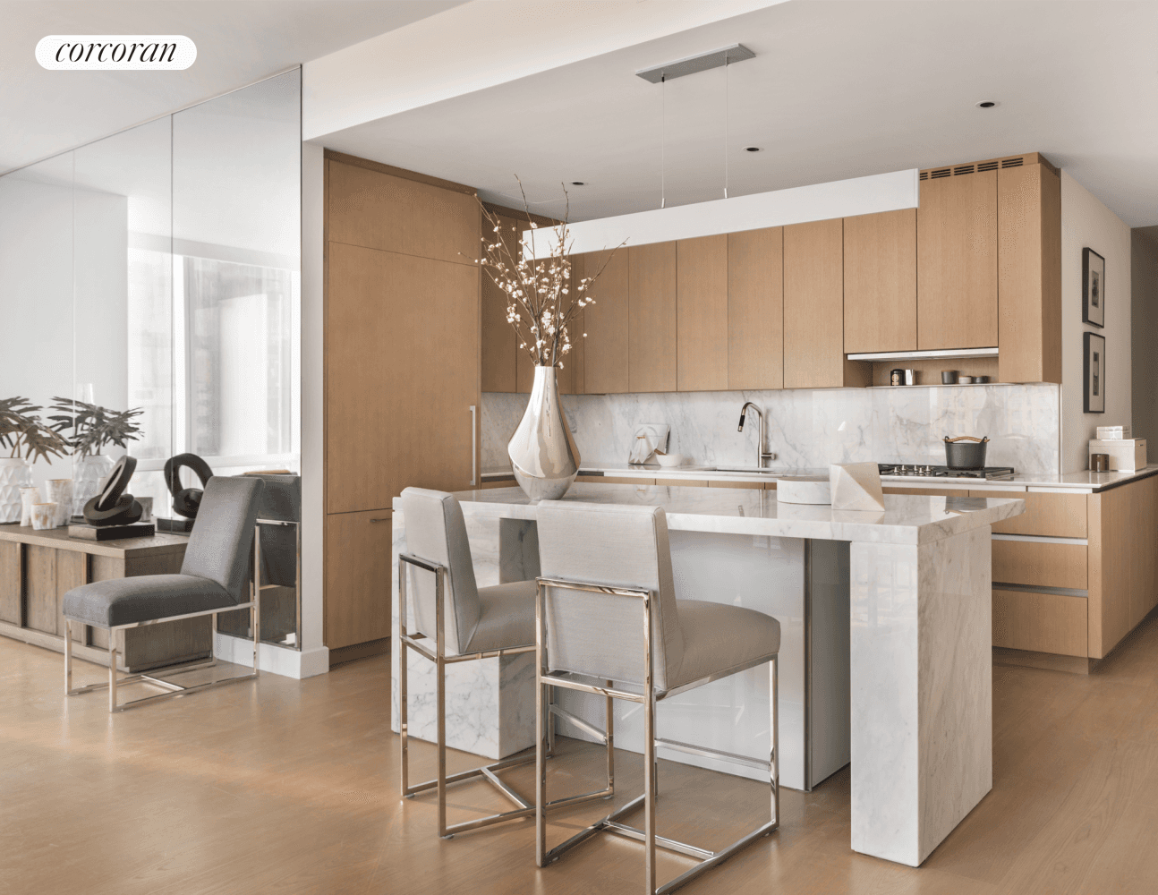 PRIME SOUTHEAST CORNER two bedroom home featuring an oversized living dining room with 11 floor to ceiling windows and magical views over the new Public Square and Gardens, New York's ...