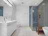 Bathroom with a stall shower, double vanity, a freestanding tub, light tile patterned floors, and recessed lighting