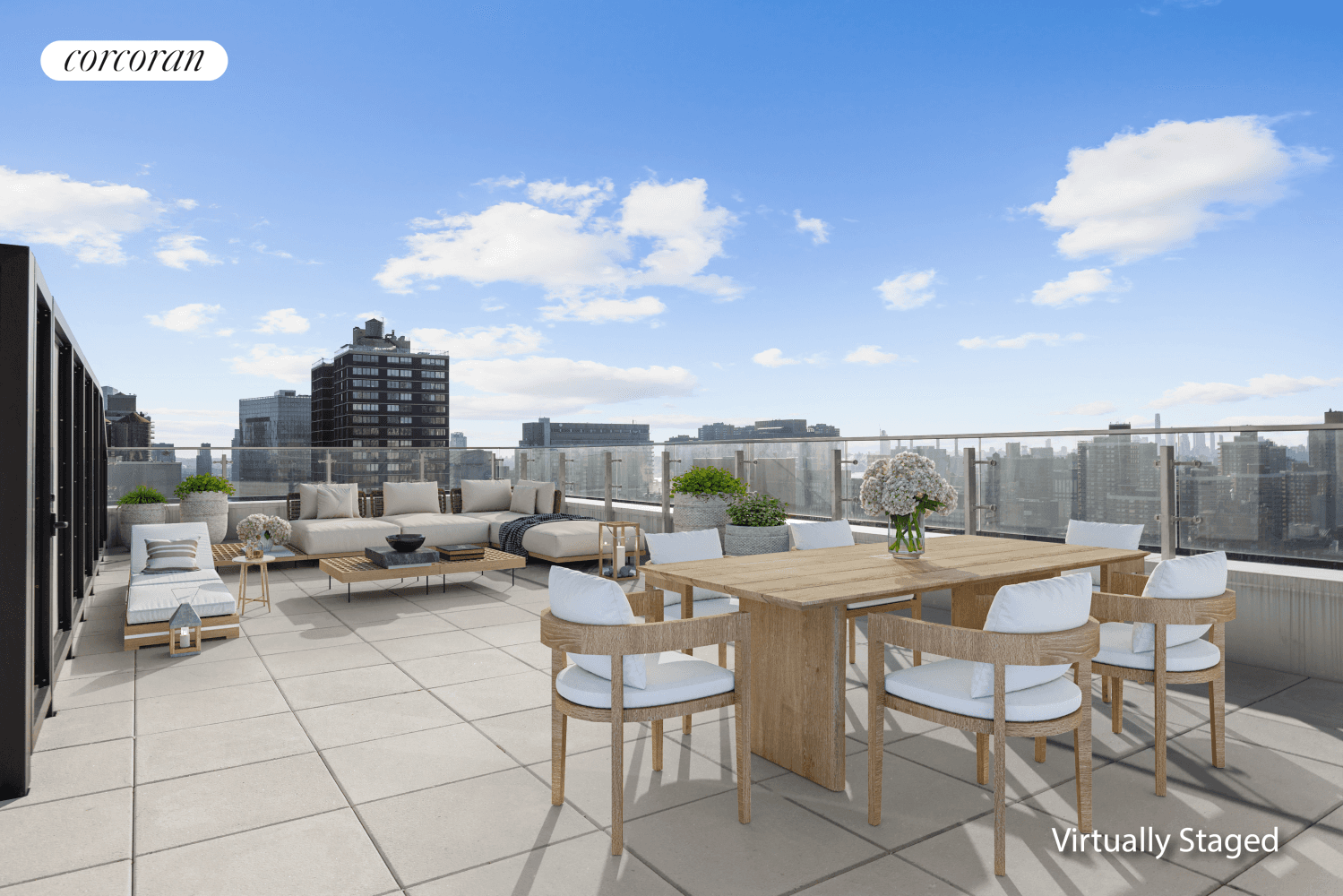Welcome to Residence C, a corner unit two bedroom two bathroom with an expansive private terrace facing north, east, south, and west featuring unobstructed downtown Manhattan, Empire State, and East ...