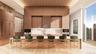 High ceilings, stone wall accents, custom cabinetry, huge island with seating, large glass with stunning views, wideboard flooring