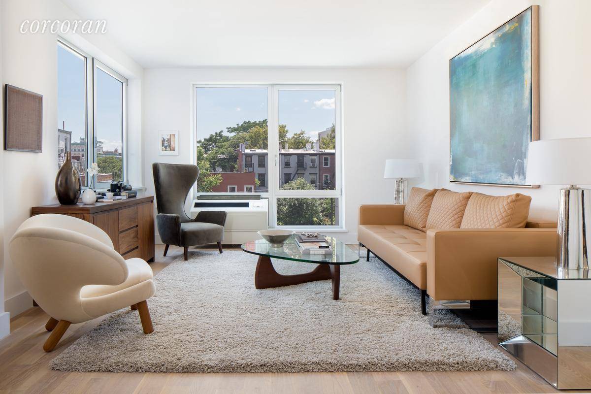 Gracious layouts feature wide plank solid white oak floors, stainless steel appliances with paneled dishwasher, custom German kitchen cabinets with Caesarstone counter tops and Carrara marble backsplash, and Brooklyn sourced ...