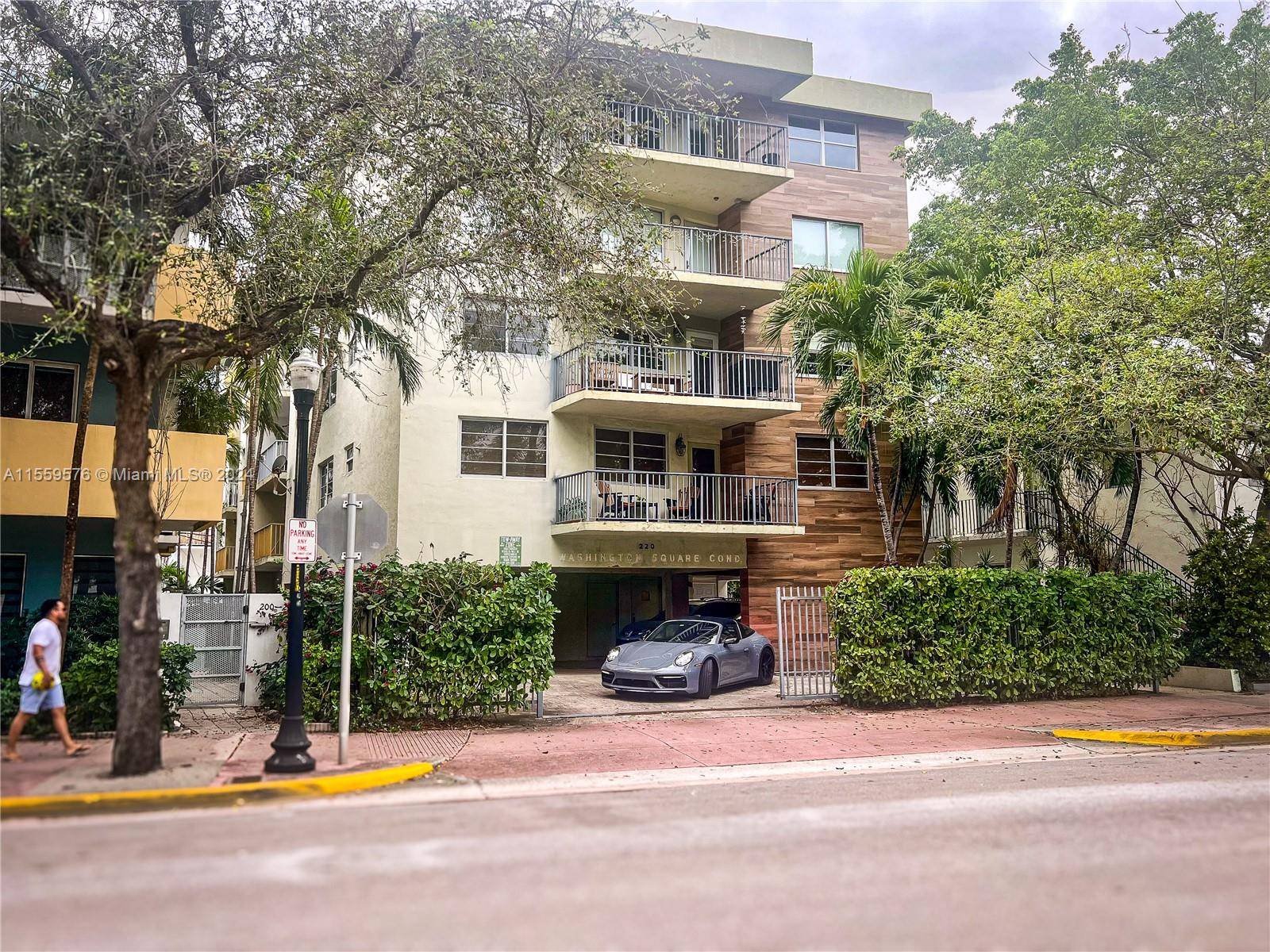 This South of Fifth building features a 1 bed 2 bath apartment with a walk in closet, balcony, and washer dryer inside the unit.