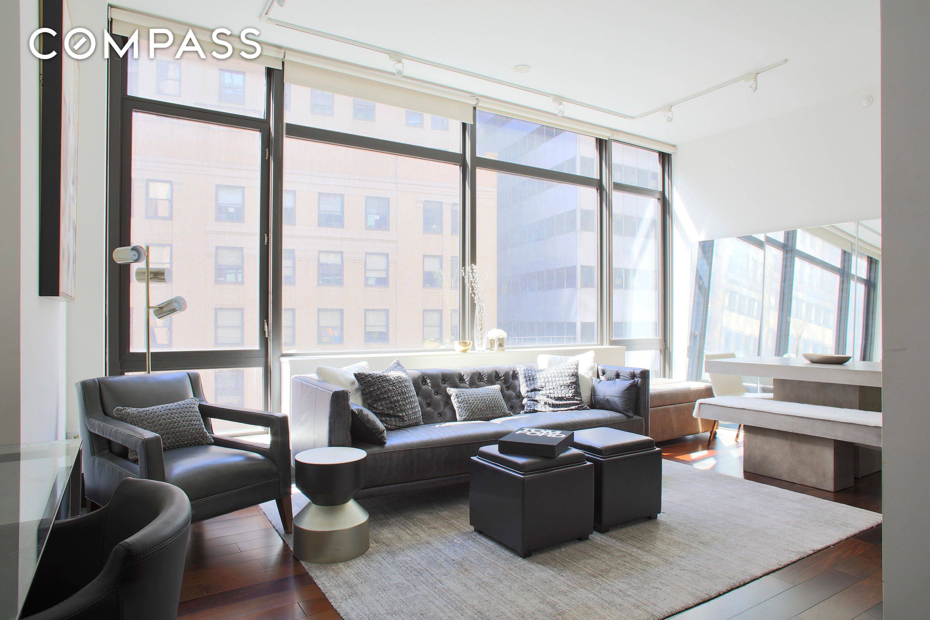 This modern luxury rare and private A line is an oversized one bedroom with Floor to ceiling windows features soaring 10 foot ceilings and one and a half bathrooms.