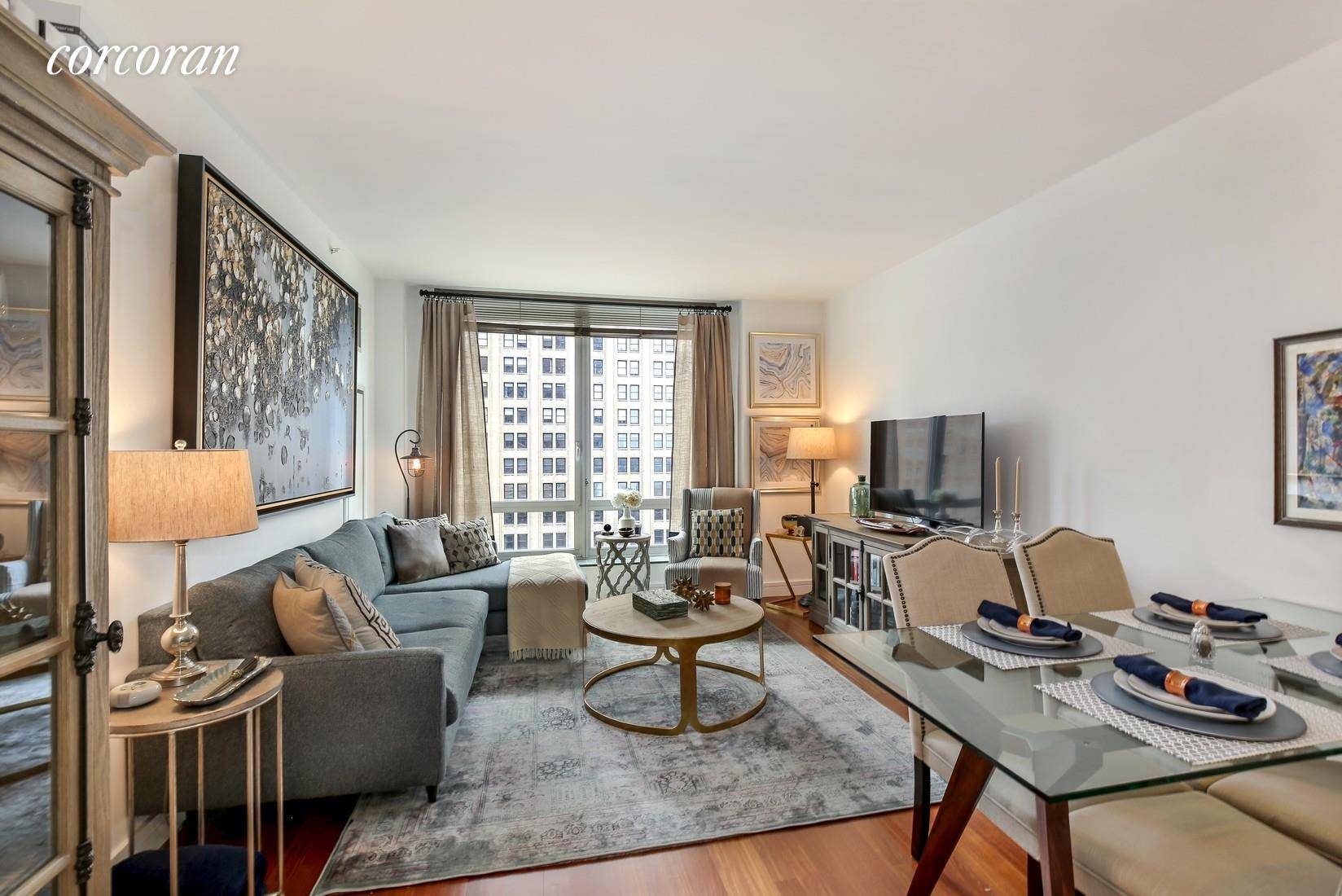 Spacious, eastern facing, one bed, one and a half bath condo with open city views and partial Battery Park and Harbor views available for lease at Millennium Tower Residences.