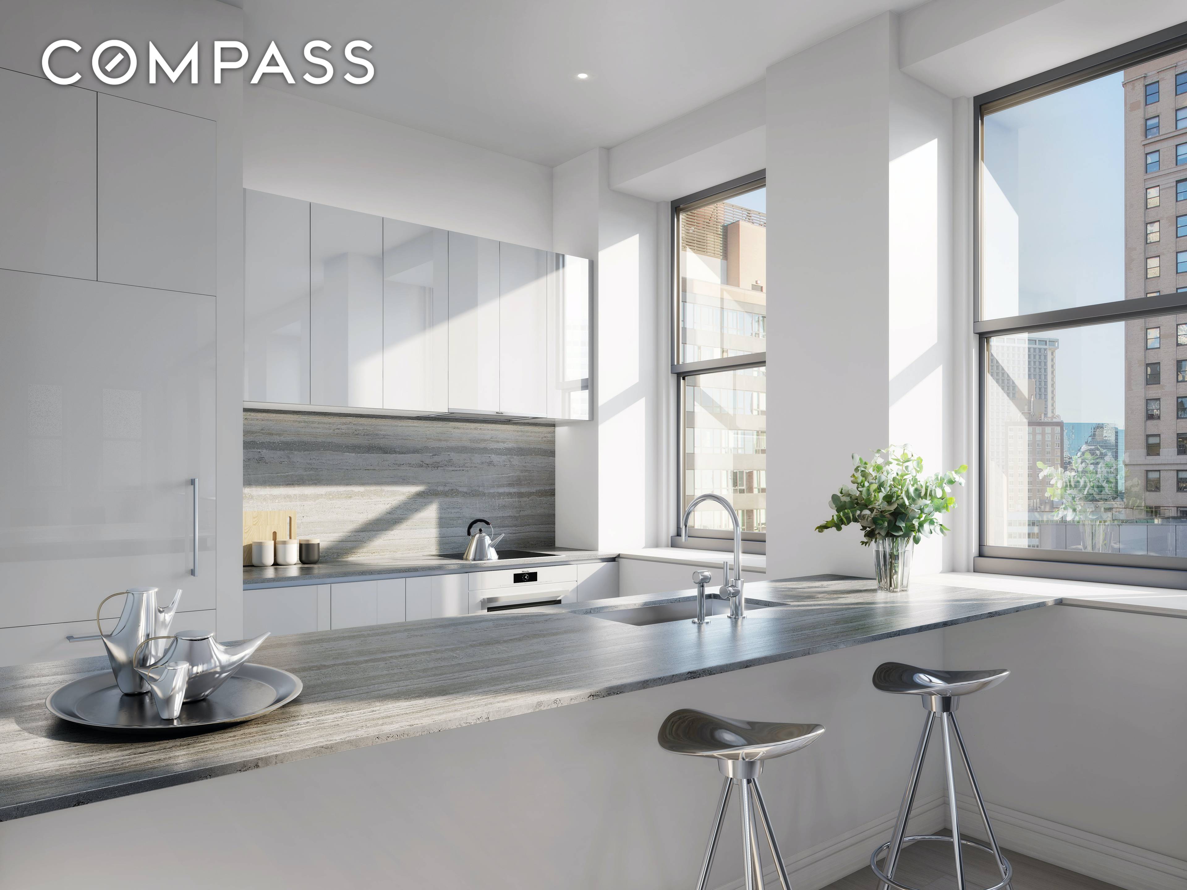 Residence 906 is a dramatically designed one bedroom home featuring an L shaped integrated kitchen and western views over Broadway and the historic American Express building.