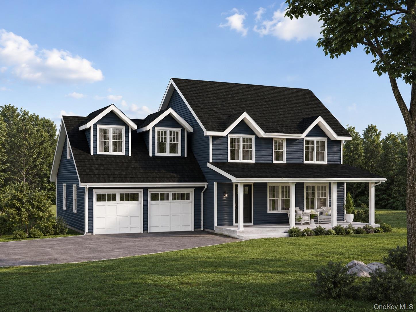 Two-story residence featuring dormer windows, a covered front porch, an attached two-car garage, and a paved driveway