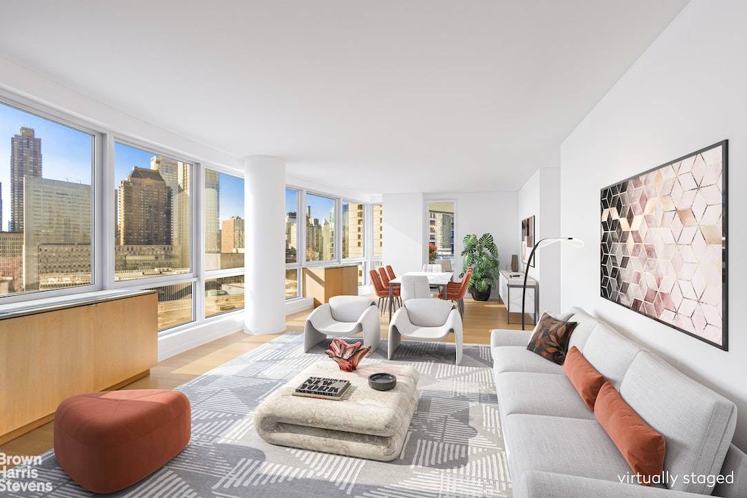Perched on the 16th floor in the Grand Millennium, this sprawling, sun drenched three bedroom, three bathroom home with private terrace exemplifies New York City living !