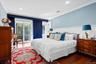 Bedroom featuring ornamental molding, wood finished floors, access to exterior, wainscoting, and recessed lighting