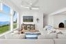 Living room featuring wood finished floors, ceiling fan, and recessed lighting