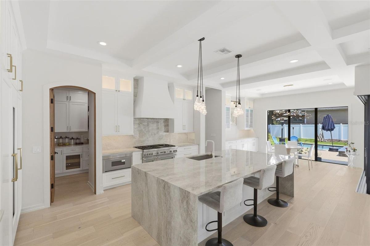 Kitchen features crystallized quartzite counters, oversized waterfall island & walk-in panty