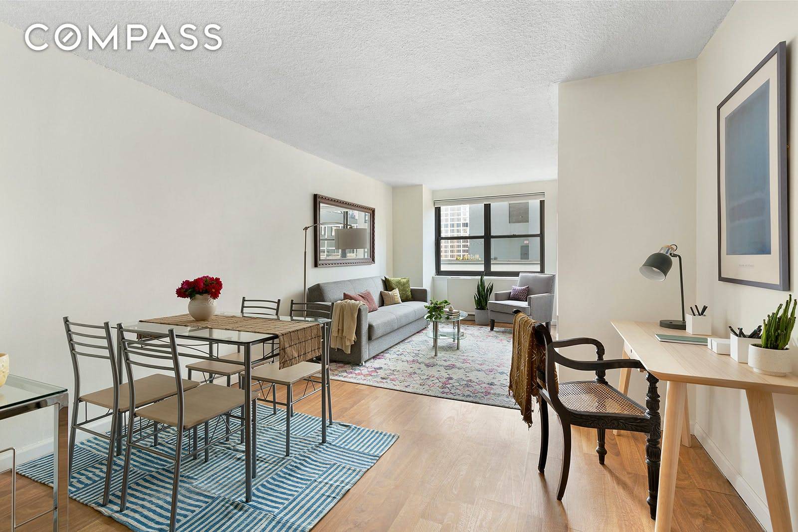 This high floor, one bedroom apartment has a lot more to it than one might expect.