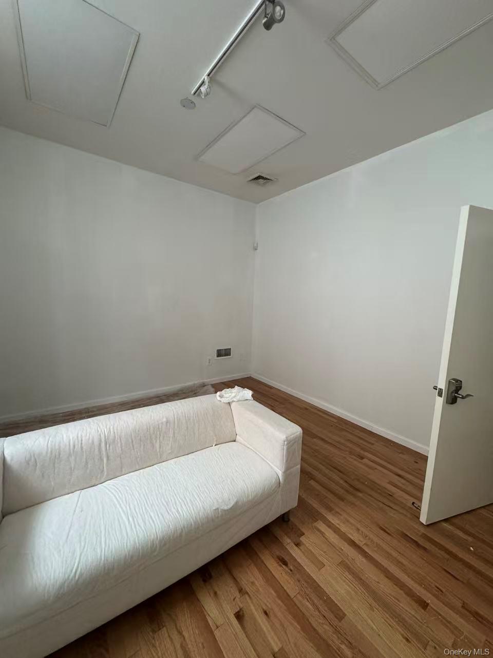 Living area featuring attic access and wood finished floors