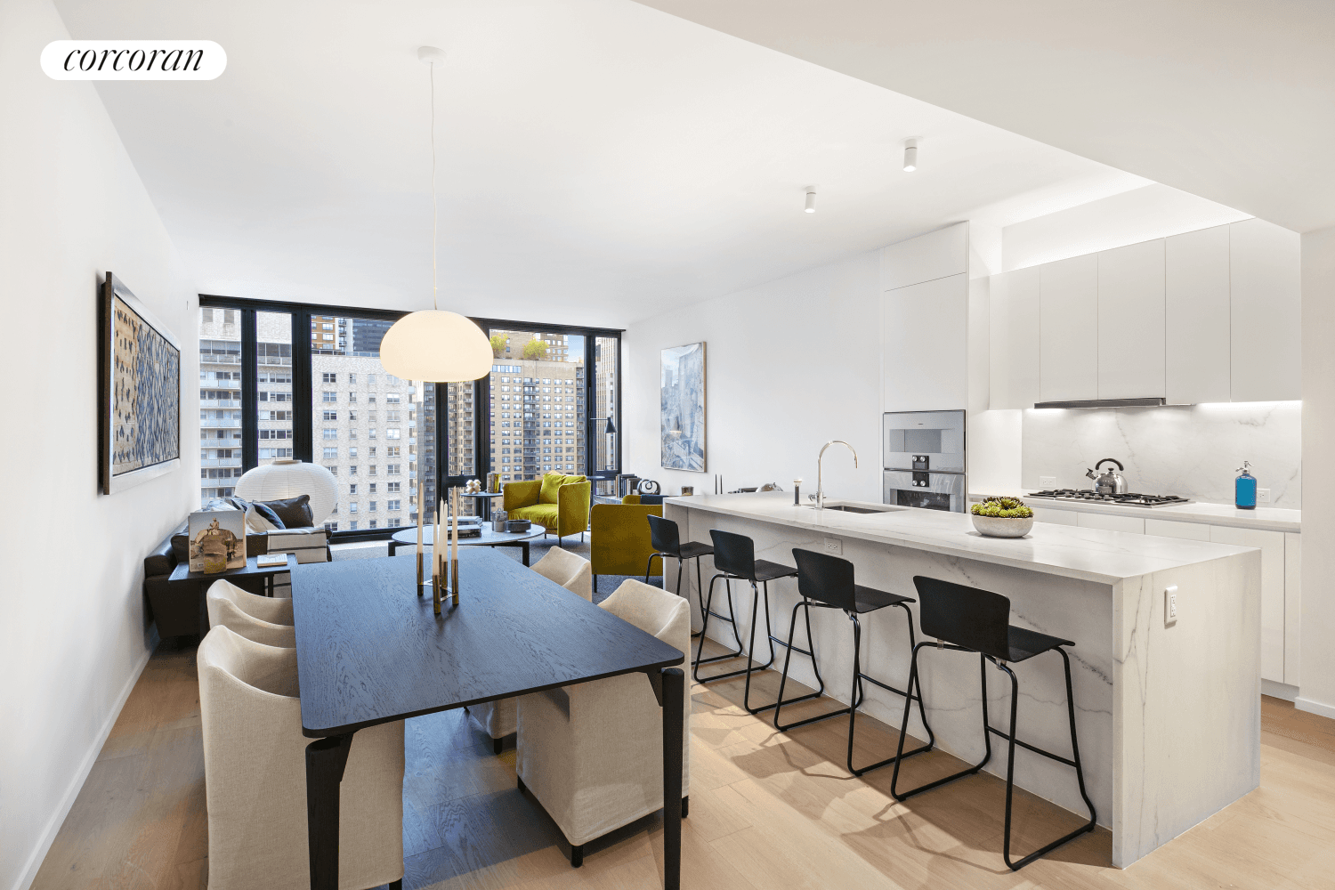 Residence 38G at One United Nations Park is a 1, 640sf two bedroom, two bathroom plus powder room, boasting Manhattan skyline views including the Empire State and Chrysler buildings.