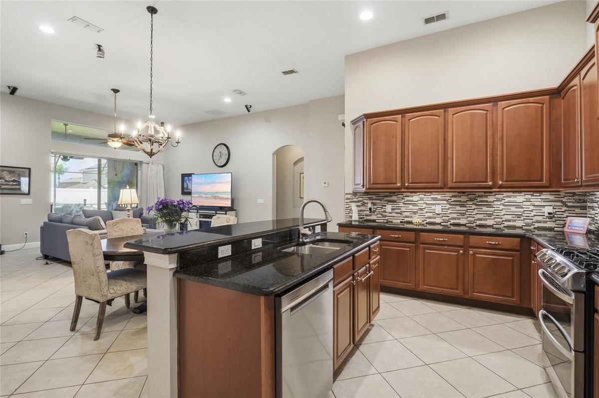 Kitchen, dining area and family room all tiled making clean up easy