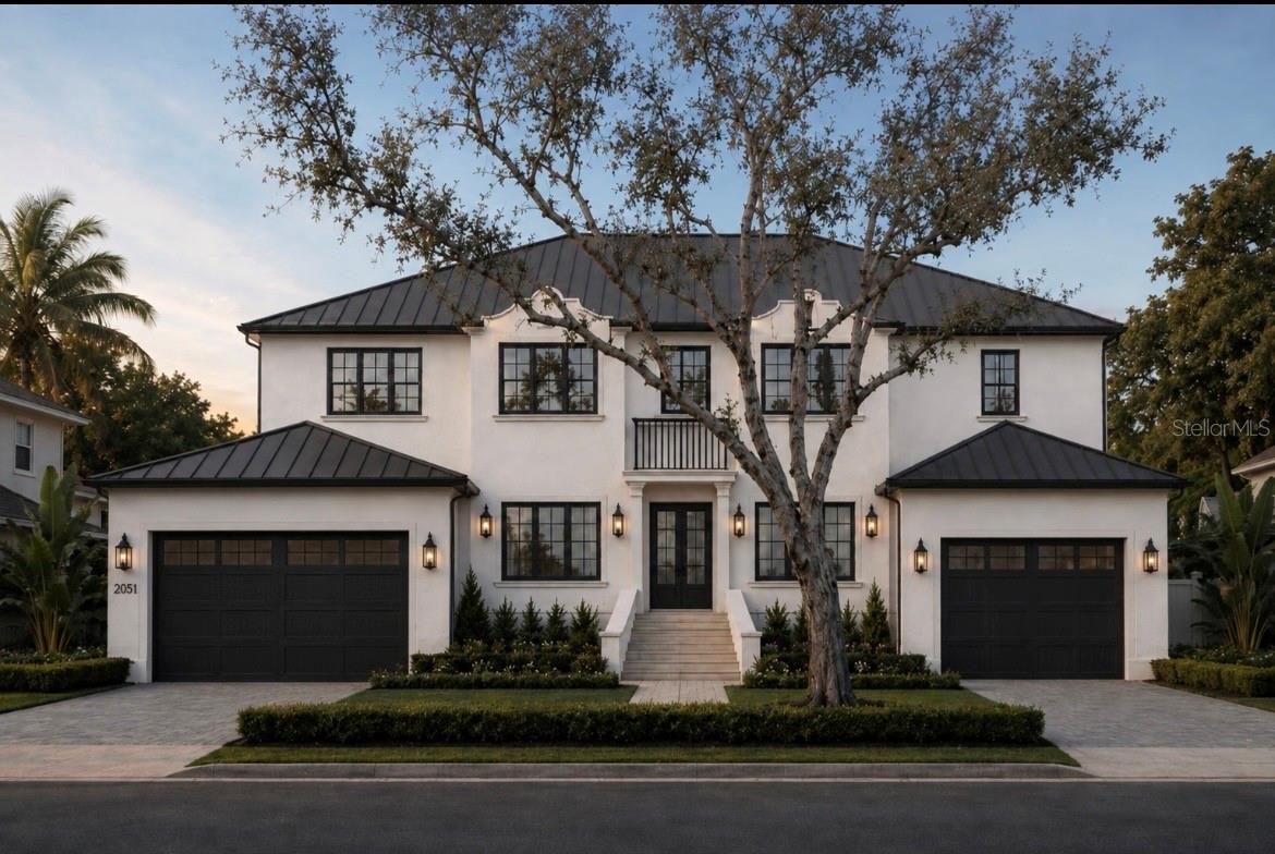 Front Rendering of House. Actual oak tree in front of house.