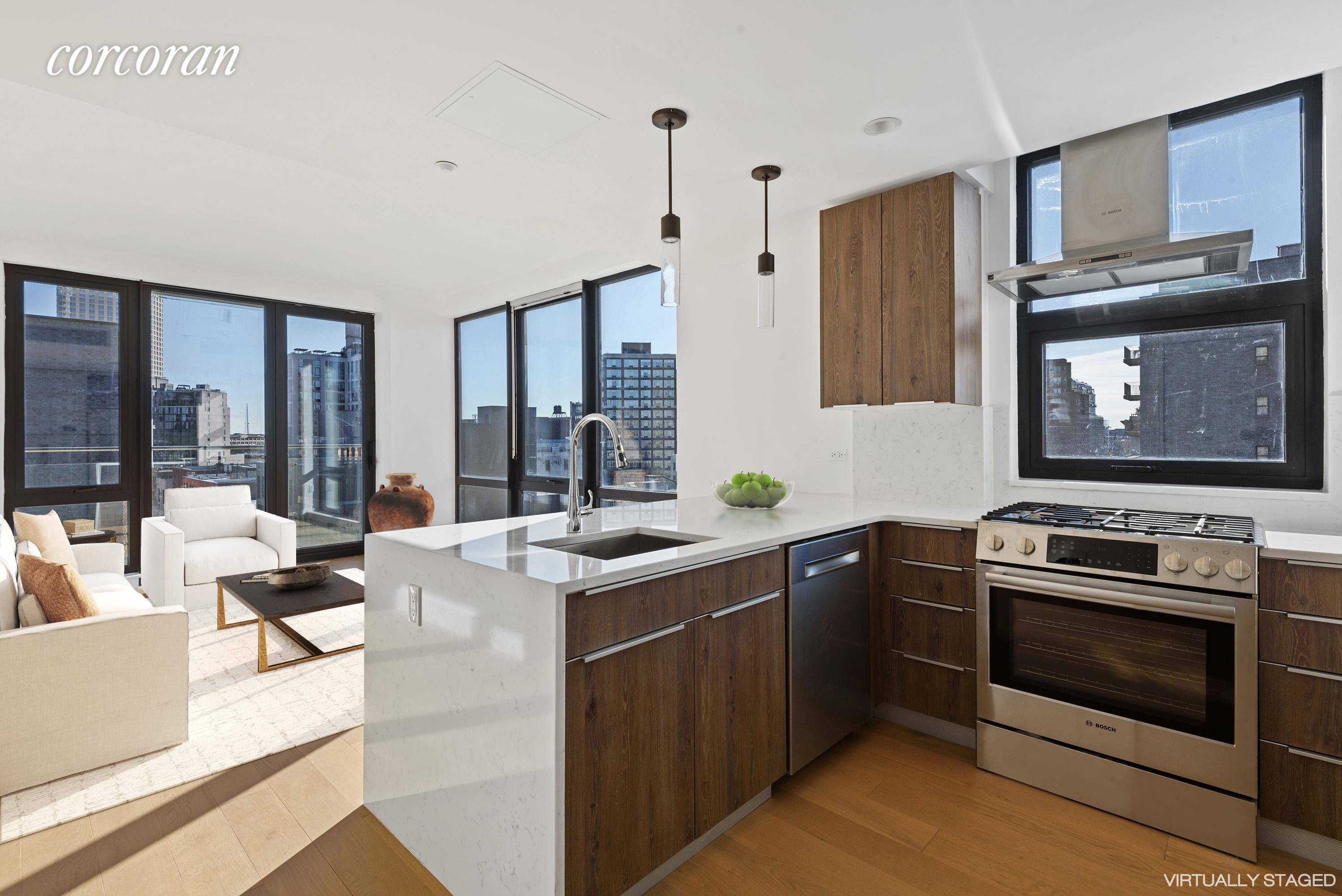 Residence 5D at The Bond, Long Island City, is a coveted south and east facing corner one bedroom, one bath unit with 650 interior square feet and a large balcony.