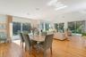 Dining room featuring light wood-style flooring, vaulted ceiling, recessed lighting, and ceiling fan