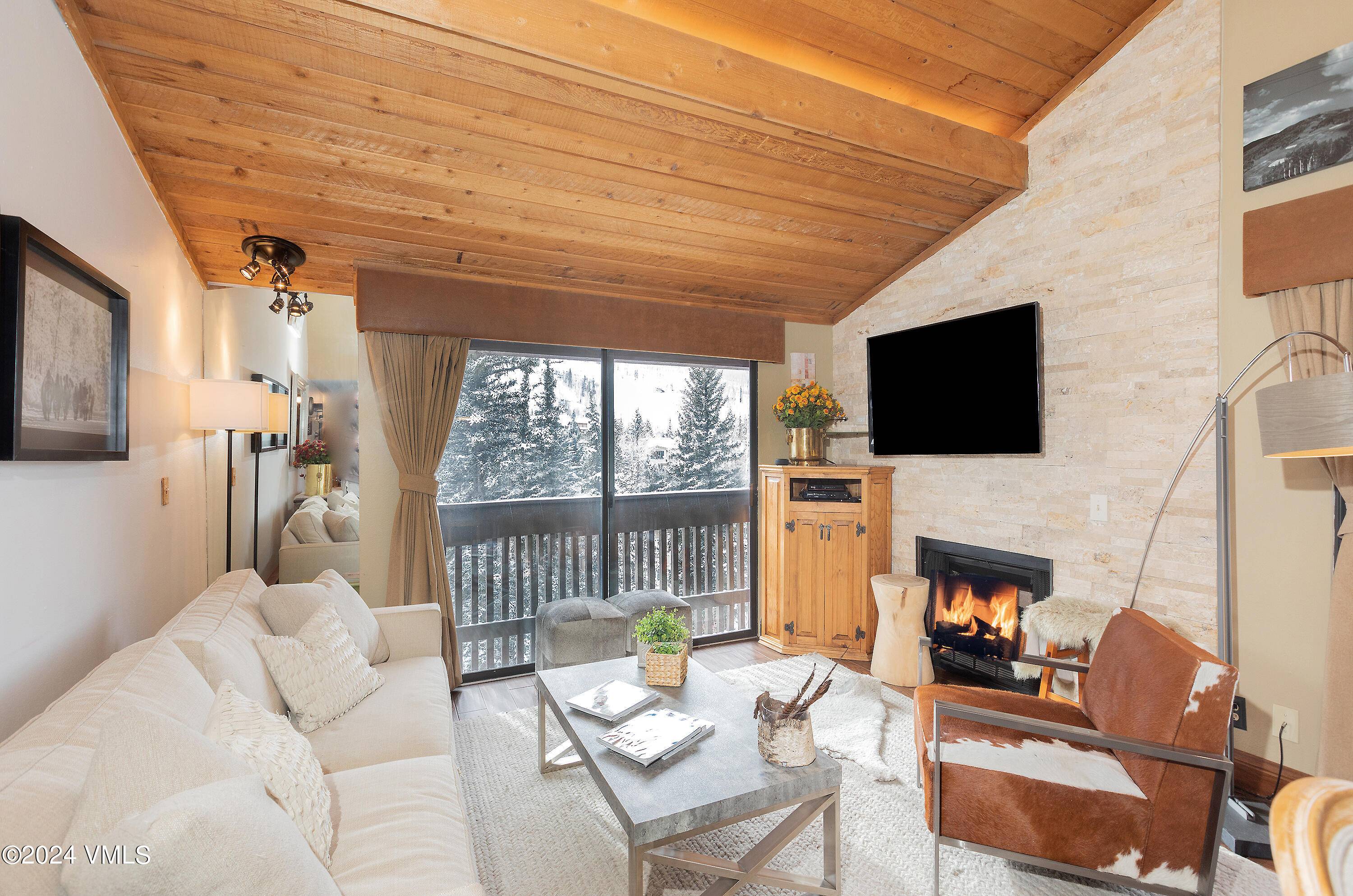 A two bedroom condominium on Gore Creek with 180 degree views of Vails Golden Peak ski slopes and a short walk to Vail Village shops, restaurants and the Ford Amphitheater.