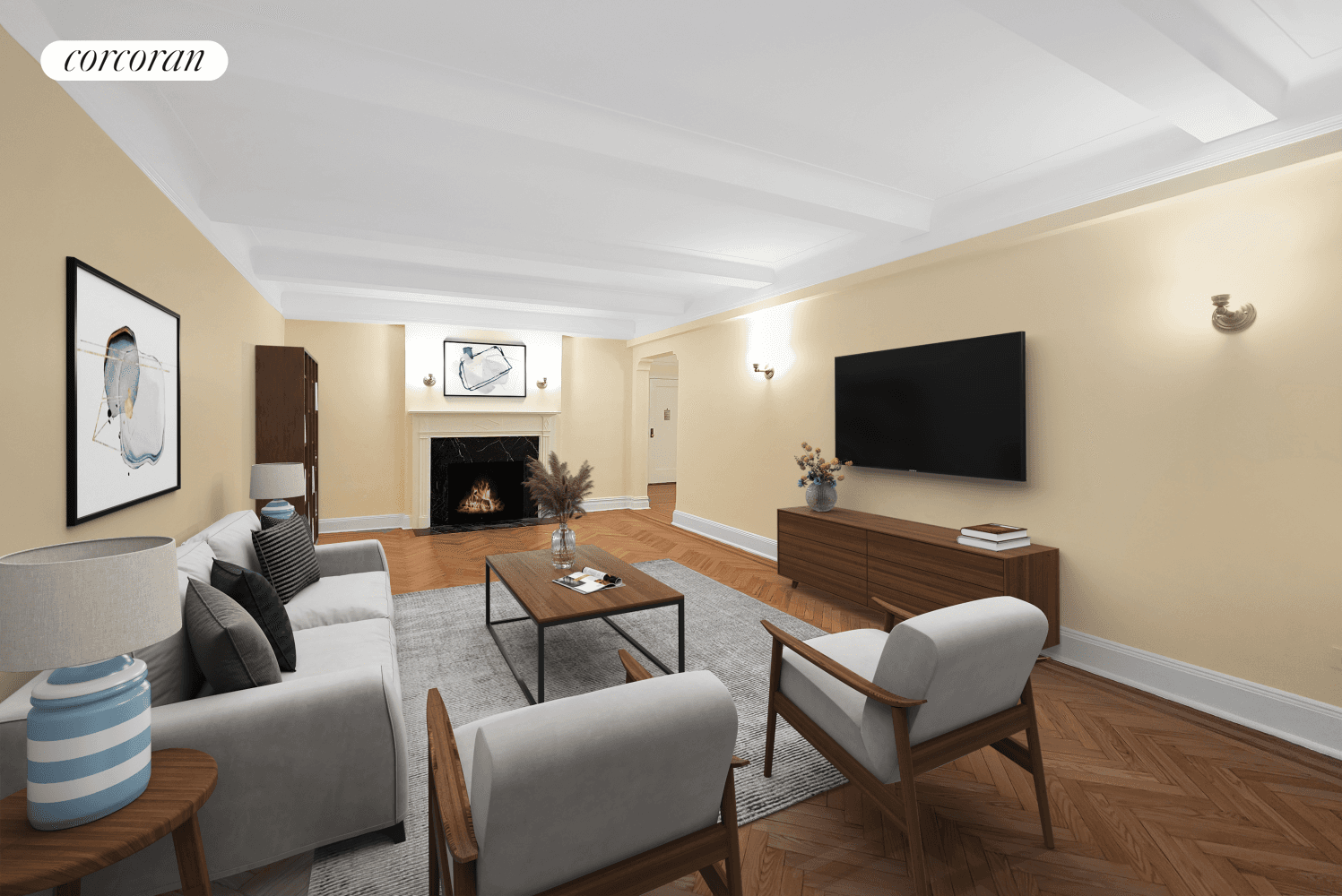 Grand three bedroom prewar apartment with wood burning fireplace, herringbone floors, separate dine in kitchen, large formal dinning room, King Size bedrooms, and much more.