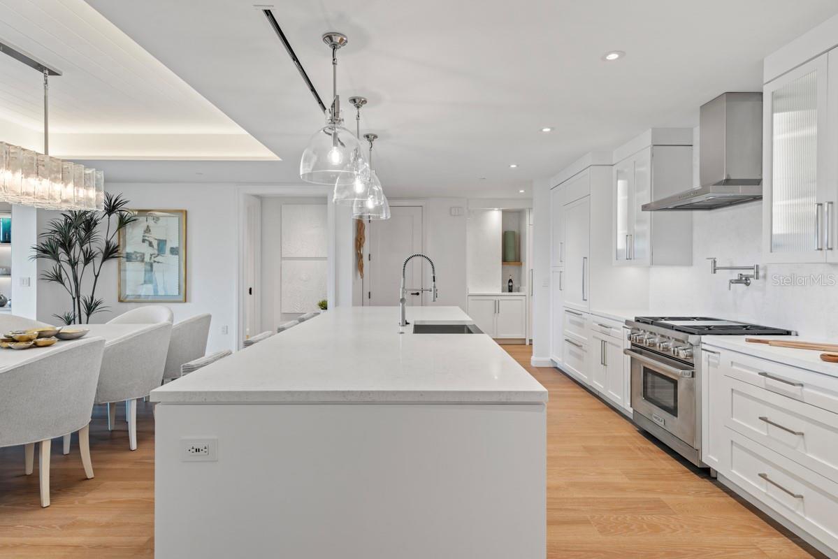 Custom frameless contemporary wood cabinetry with full-extension drawer glides, soft-close drawer and doors, complemented by under-cabinet lighting.