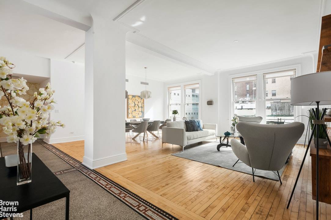 Overlooking Franklin Street in TriBeCa, in a handsome Beaux Arts concrete and steel building, this sun soaked pre war loft offers three bedrooms and three exposures for under three million.