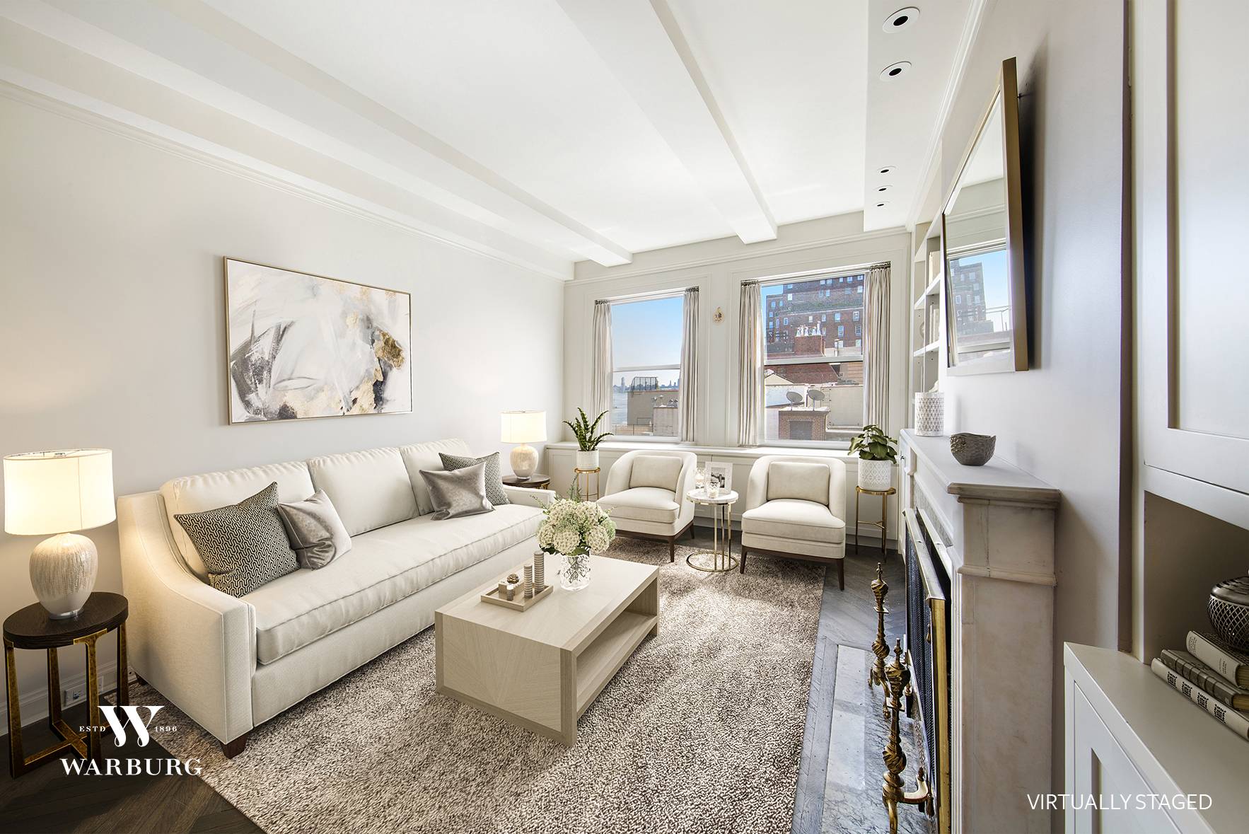 No detail was overlooked in the elegant, bespoke renovation for this sun splashed 1 bedroom, 1 bathroom home, looking south over tony Beekman Place.