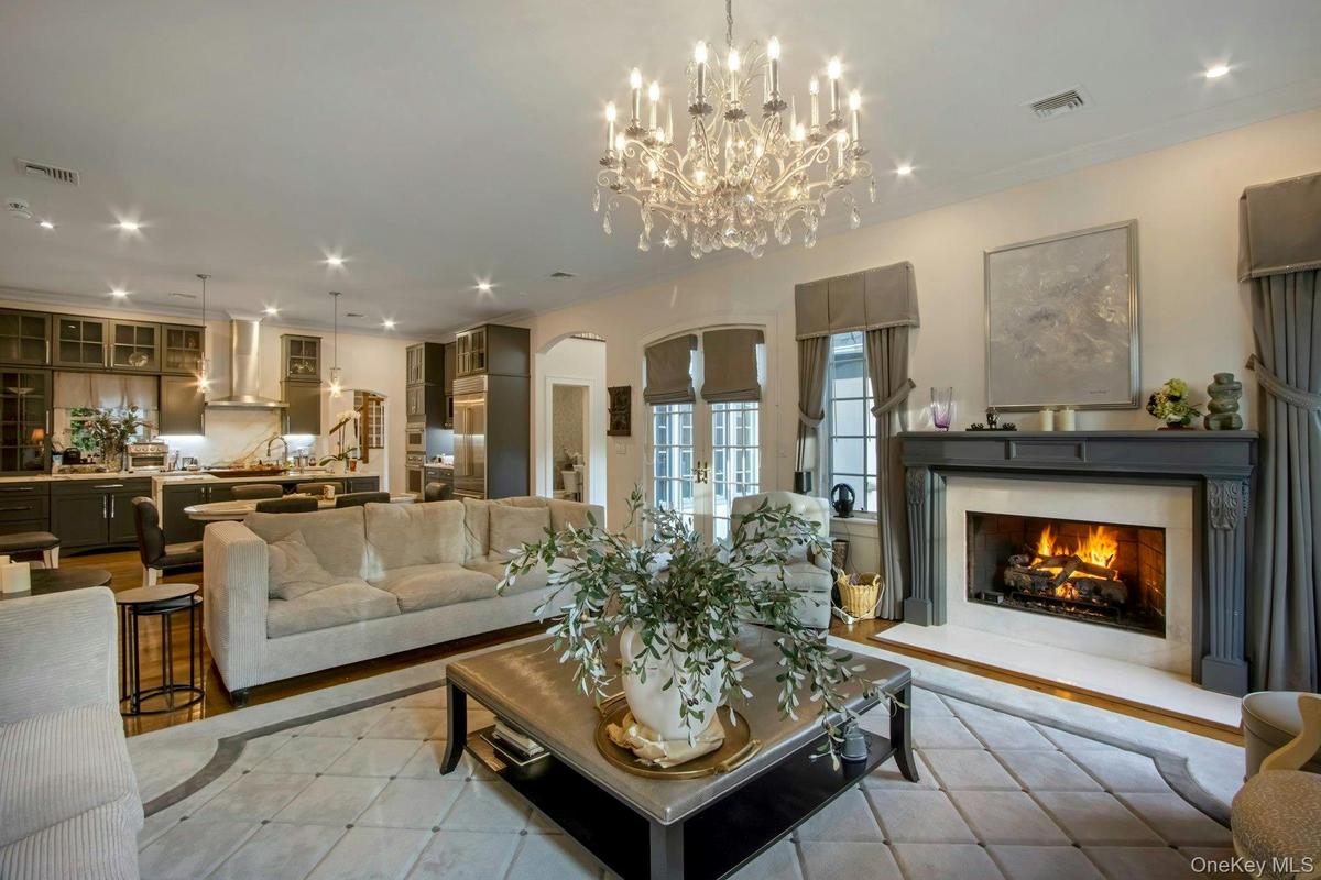 Family room with a notable chandelier