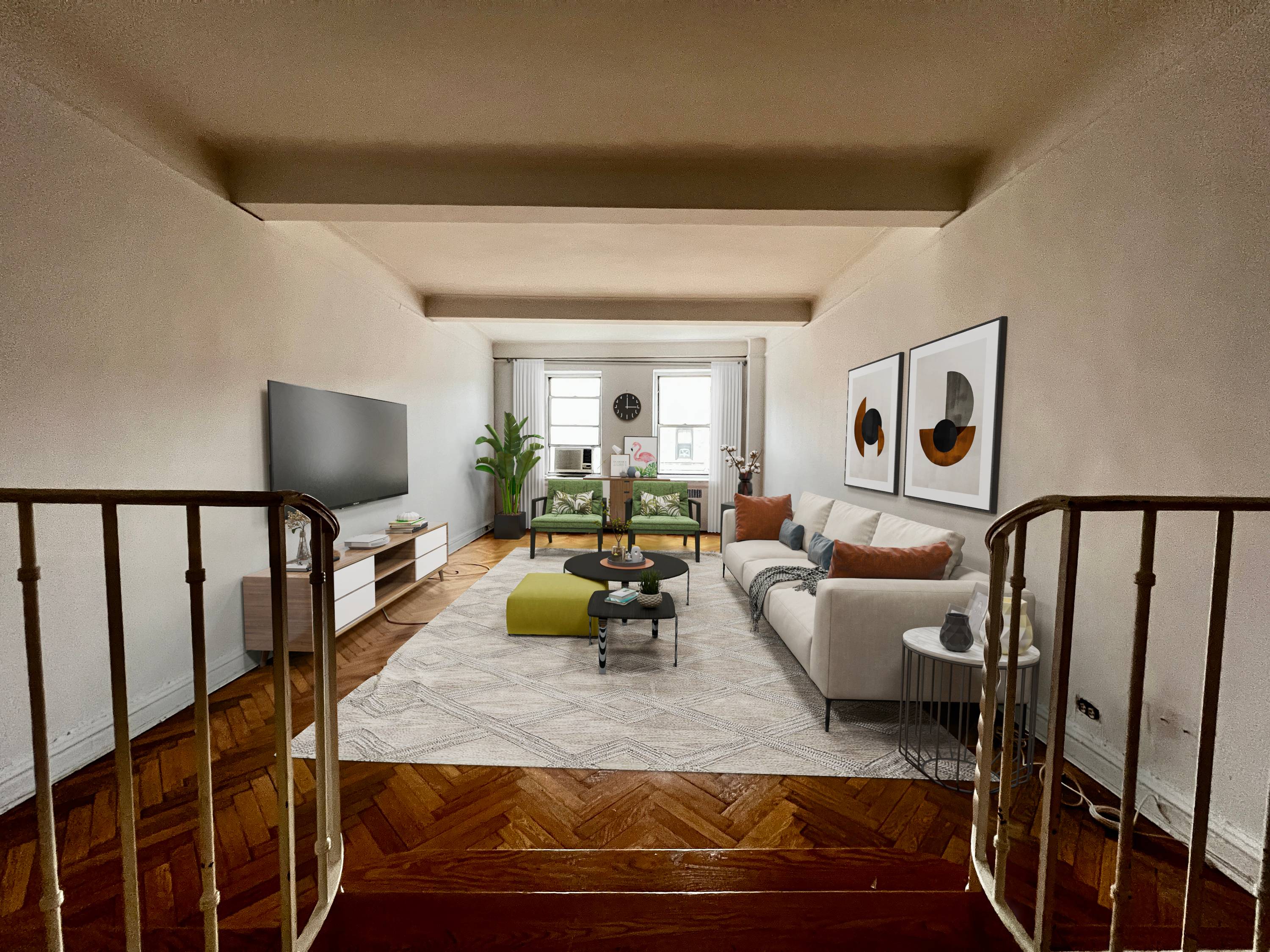 The stunning 2 bedroom, 2 bathroom apartment is filled with natural sunlight and featuring herringbone hardwood floors, beamed ceilings, and sunken living room.