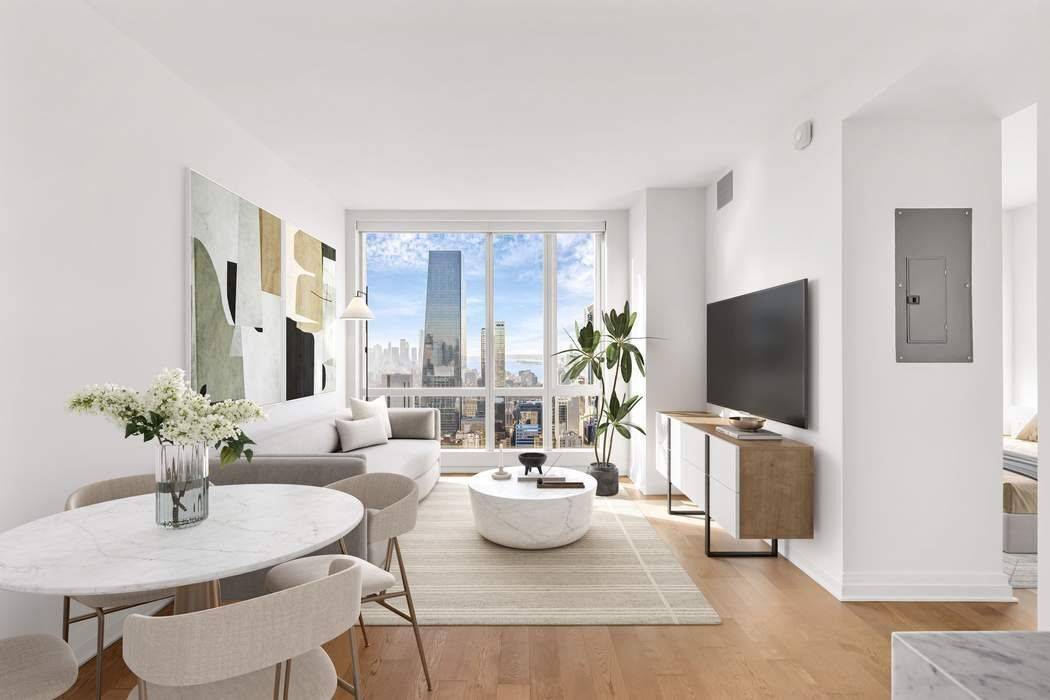 Welcome to this exquisite south facing apartment, boasting an expansive layout with soaring 10 5 ceilings that invite an abundance of natural light through its floor to ceiling windows.
