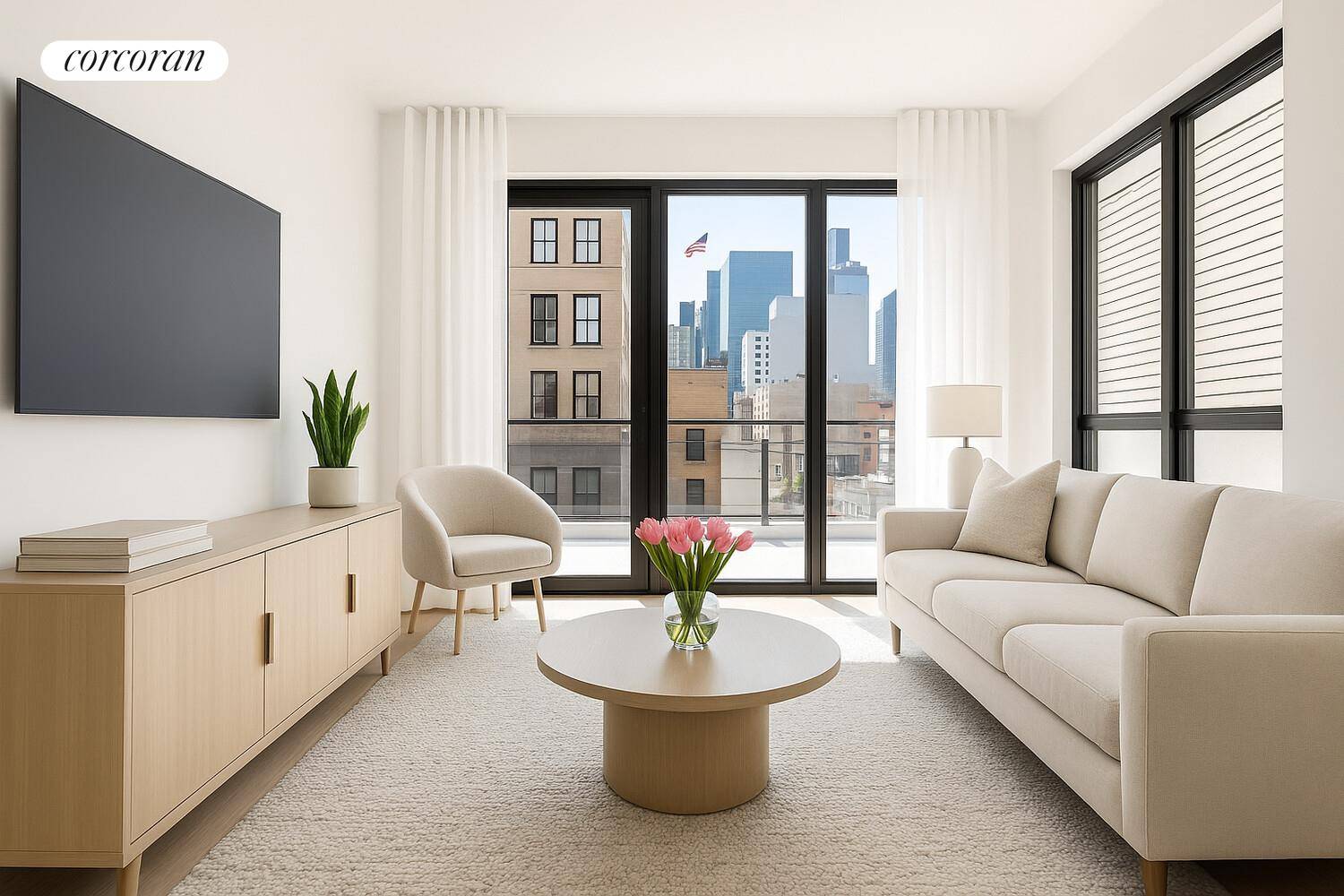 Residence 3B is a spacious two bedroom, two bathroom corner home with southwest exposure, flooded with natural light in every room, and offering multiple access points to a wraparound terrace ...