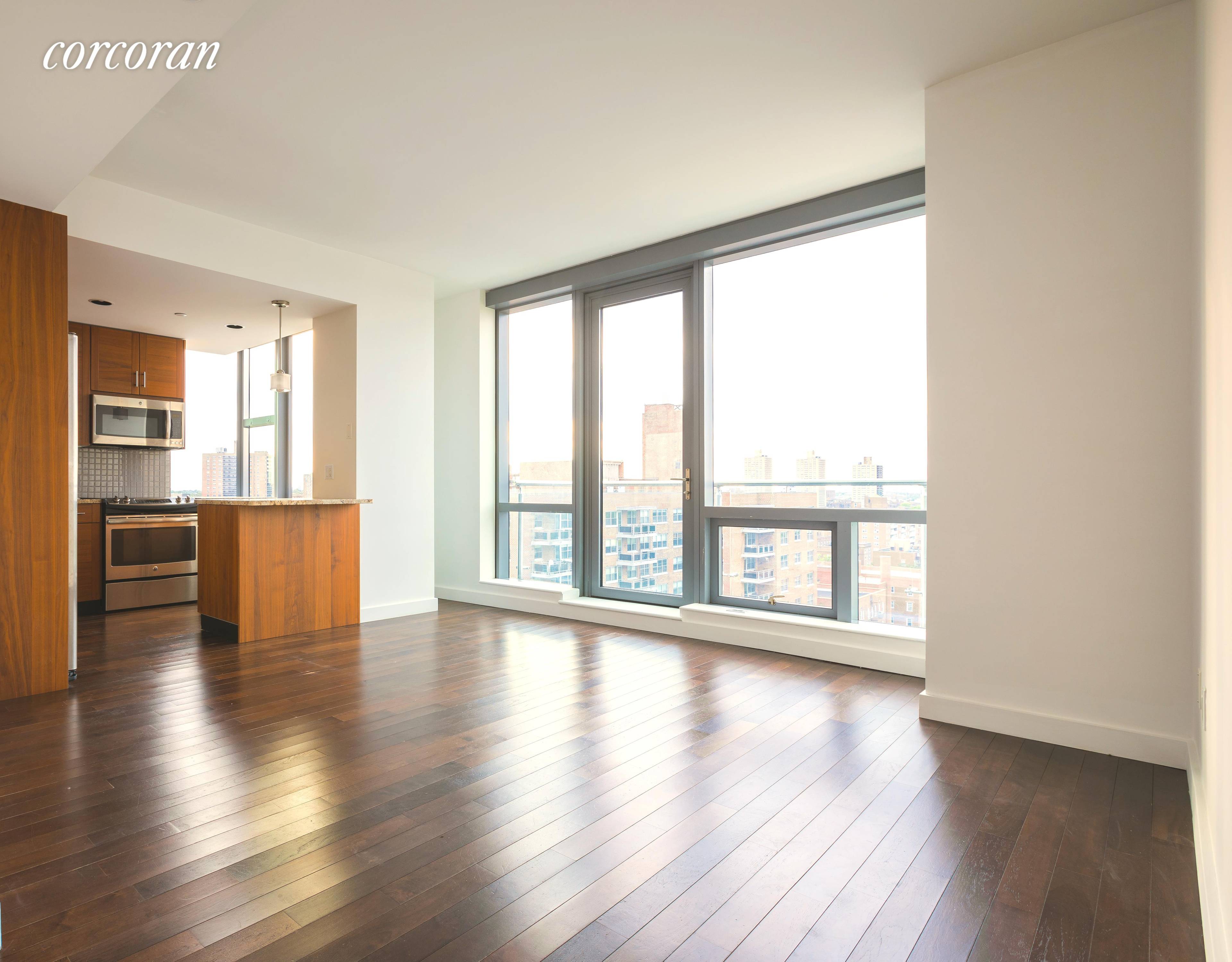 High floor light filled 1 bedroom unit, balcony boasts unparalleled views of Metlife Stadium and partial Manhattan.