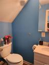 Half bath featuring vanity and lofted ceiling