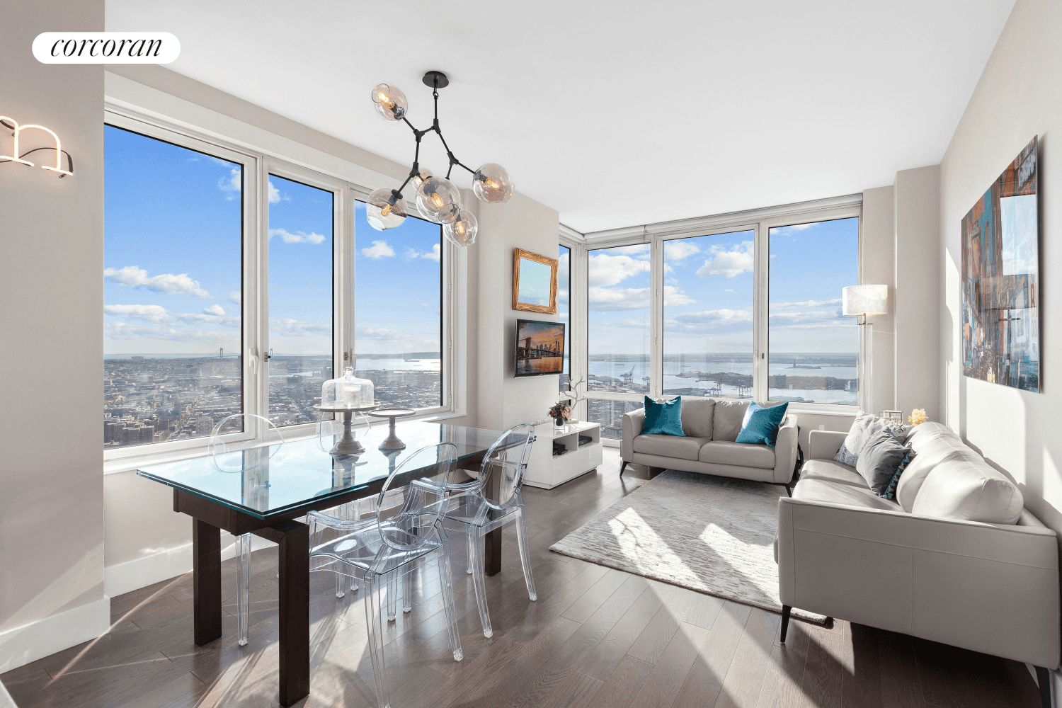Welcome to apartment 44C at 388 Bridge Street an immaculate corner split two bed, two bath condo in the sky with breathtaking views over lower Manhattan, the New York Harbor, ...