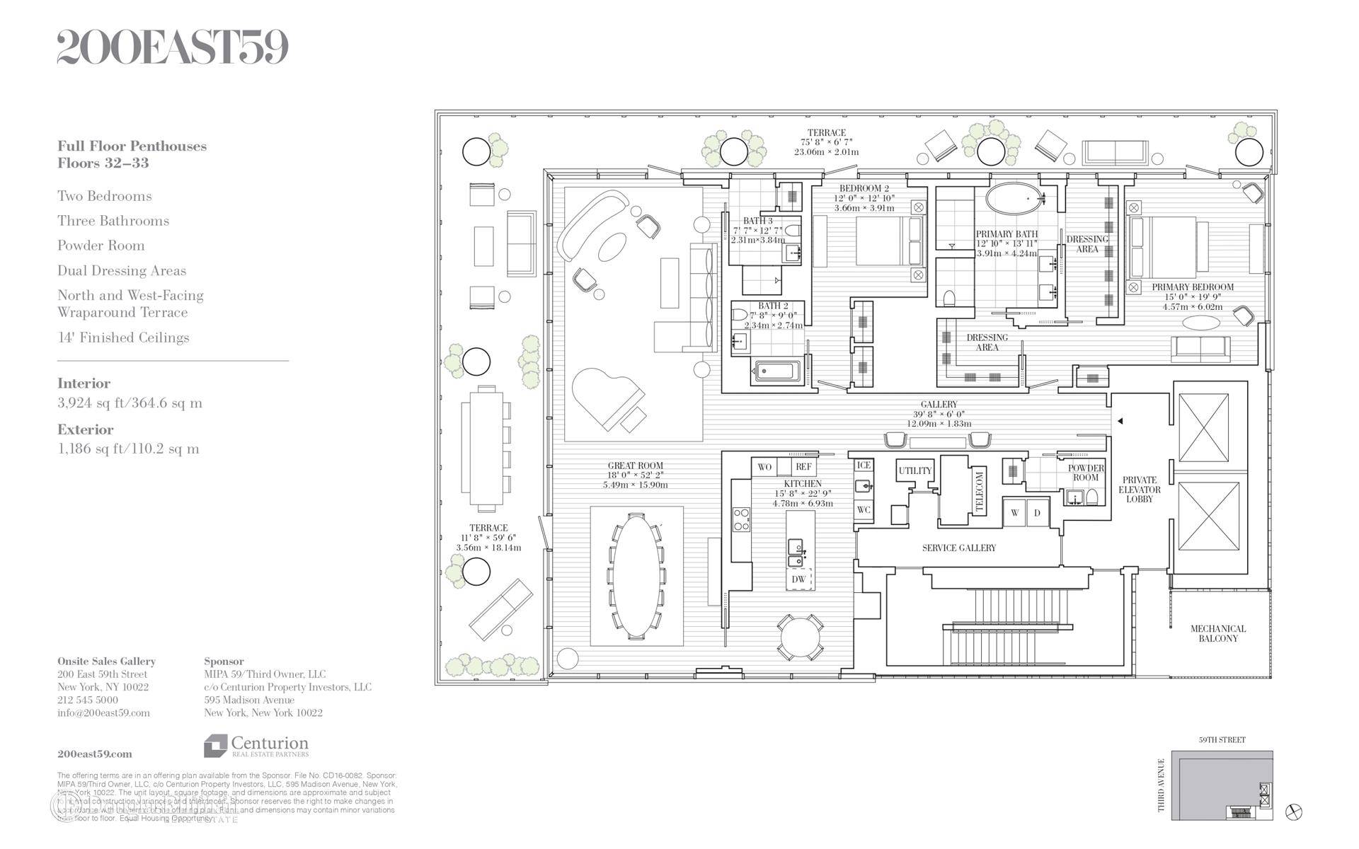 Introducing Penthouse 33, an unparalleled, three bedroom, three and a half bath full floor residence with 14' finished ceilings, gas fireplace, and 148 linear feet of continuous terrace with 360 ...
