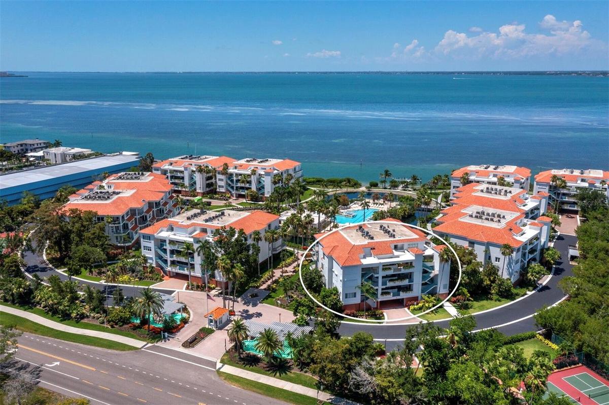 Building 350C has the most incredible view of the entire gorgeous community including the mote, the resort style pool and Sarasota Bay