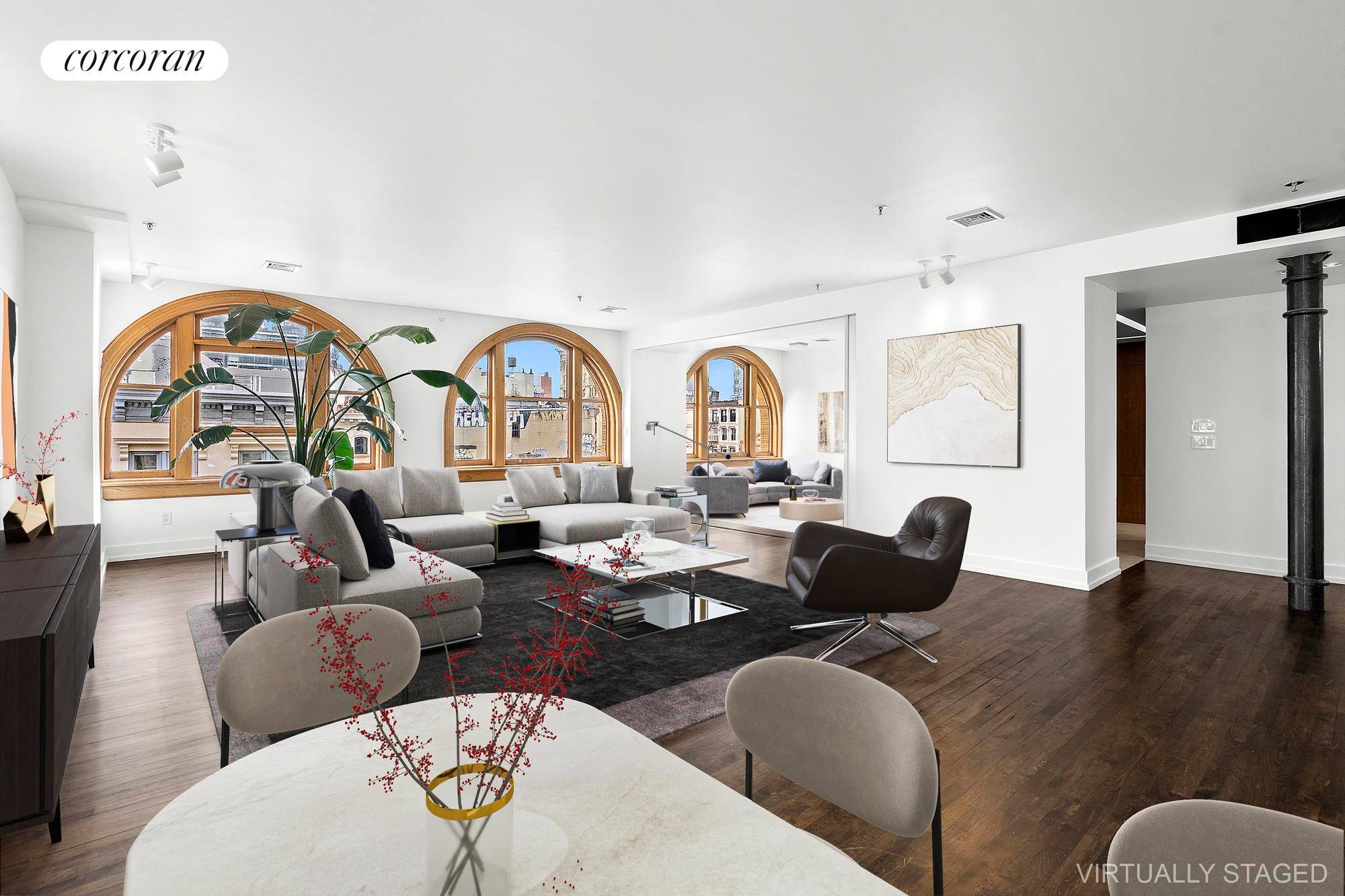 A full floor 4, 000 SF 372 SM traditional loft home with north, south, east and west exposures.