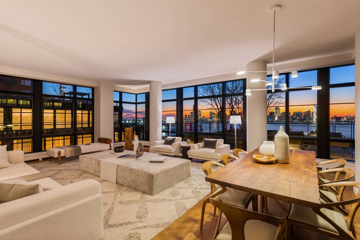 One of a kind opportunity at the iconic 150 Charles Street to purchase a terraced three bedroom home with wraparound views of the Hudson River and city.