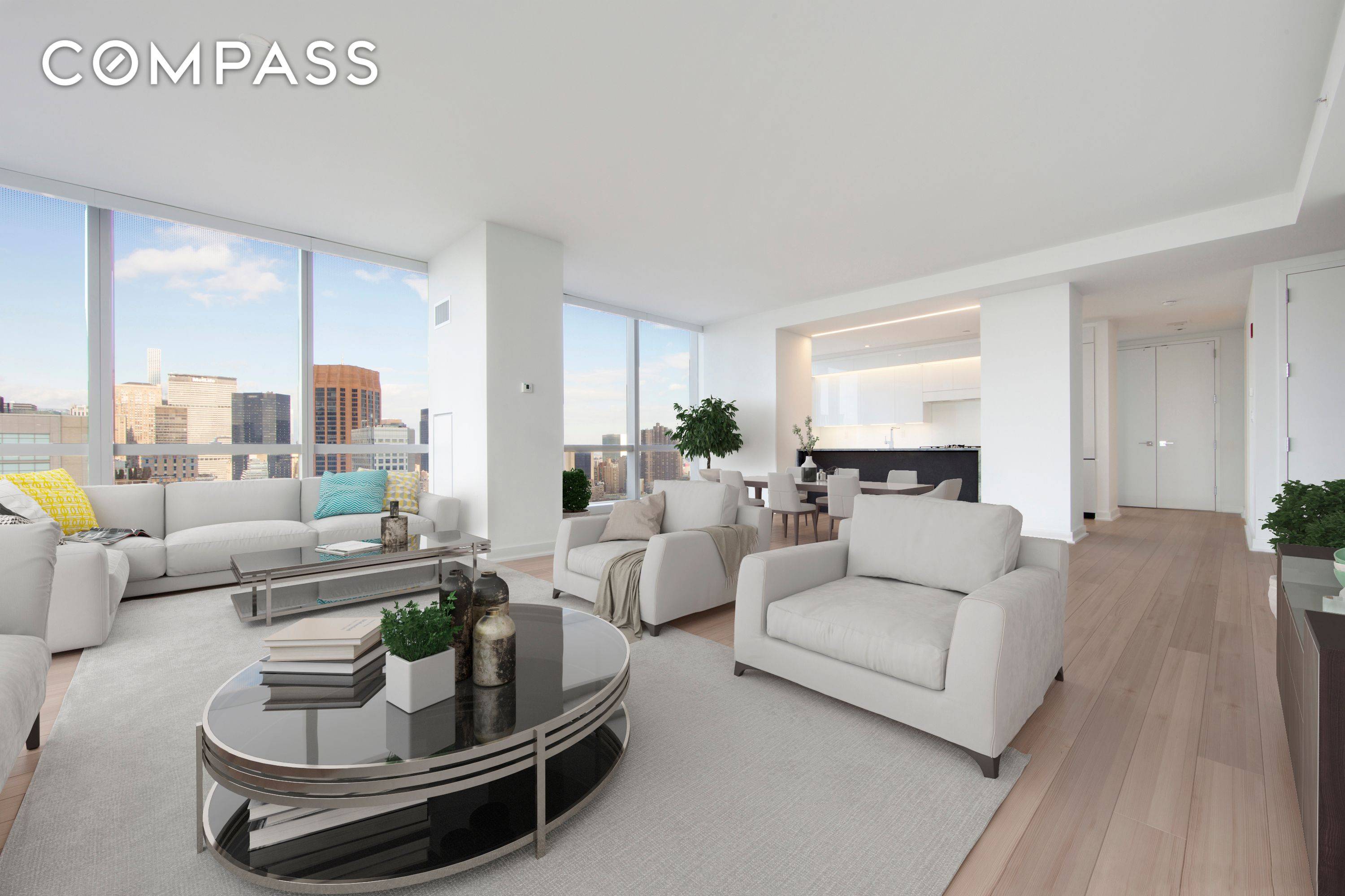 Residence 36C feature white oak floors, open living spaces, and floor to ceiling windows that maximize the stunning city views.