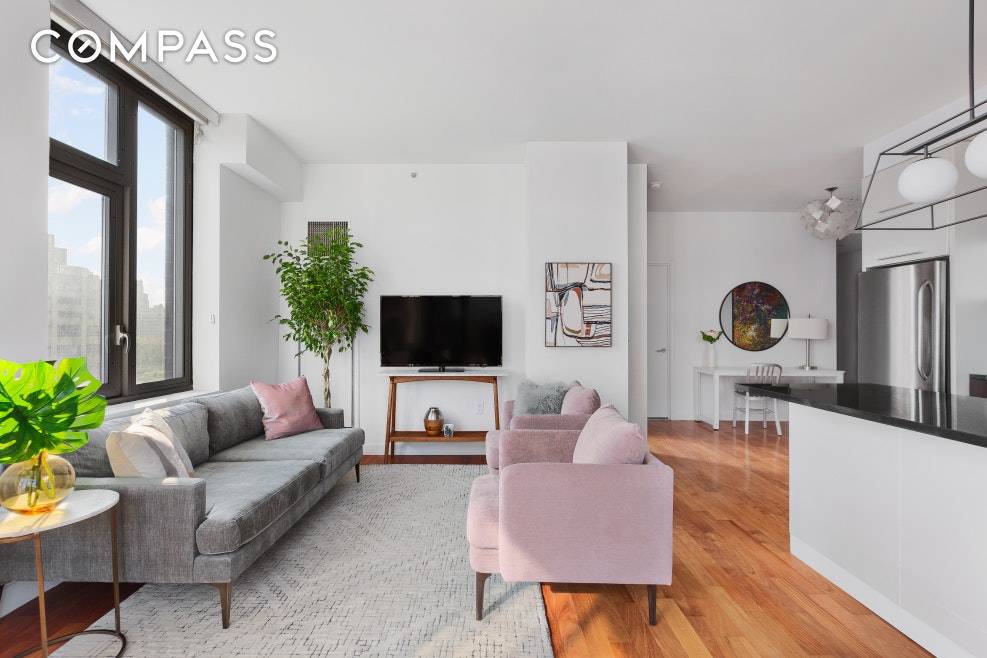 Enjoy the perfect layout of the coveted G line at 100 Jay Street, a corner 2 bedroom, 2 bath condo in the heart of DUMBO.