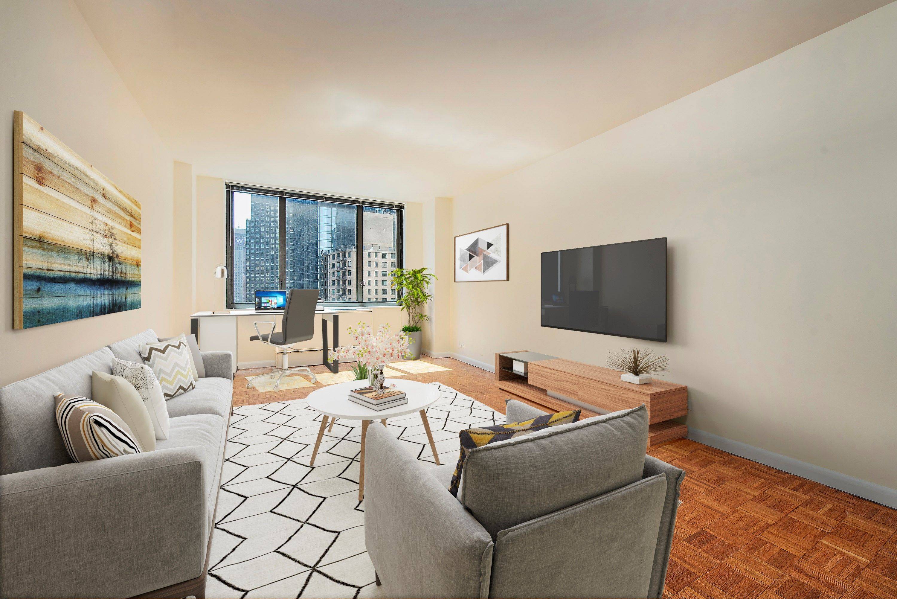 Sunny 1 bed with open views across 56th street, a separate fully equipped kitchen, 4 closets and wood floors throughout.